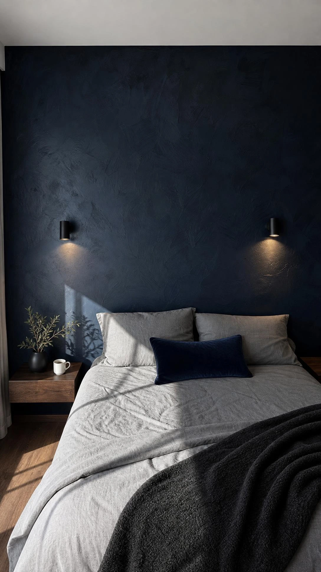 King bed against a matte charcoal and midnight navy accent wall with visible brushstroke texture, creating dramatic depth in a modern master bedroom
