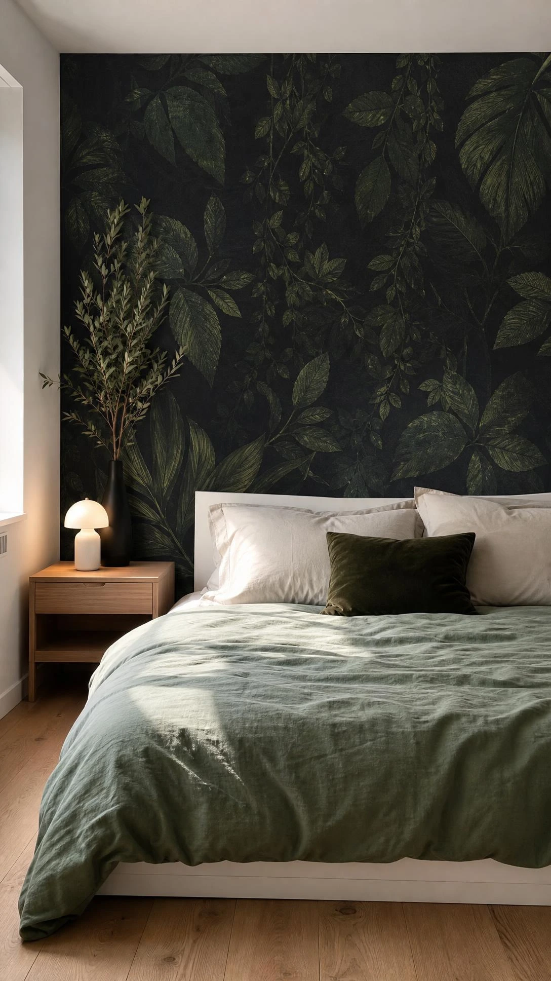 Full-height charcoal and forest green botanical accent wall with large-scale leaf and vine dark wallpaper behind a centered bed, dramatic yet organic