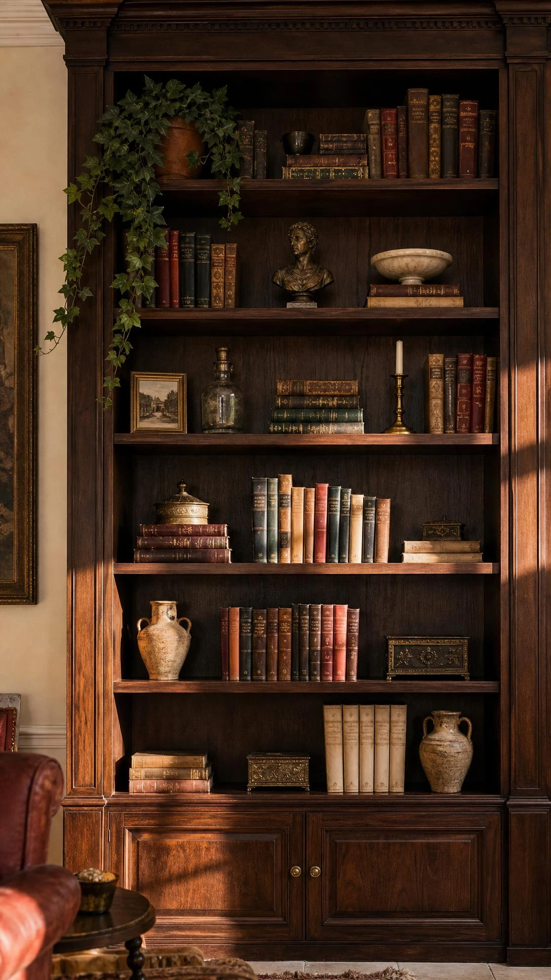 Floor-to-ceiling espresso walnut built-in bookshelves styled with leather-bound books and curated objects in an Italian Old World living room