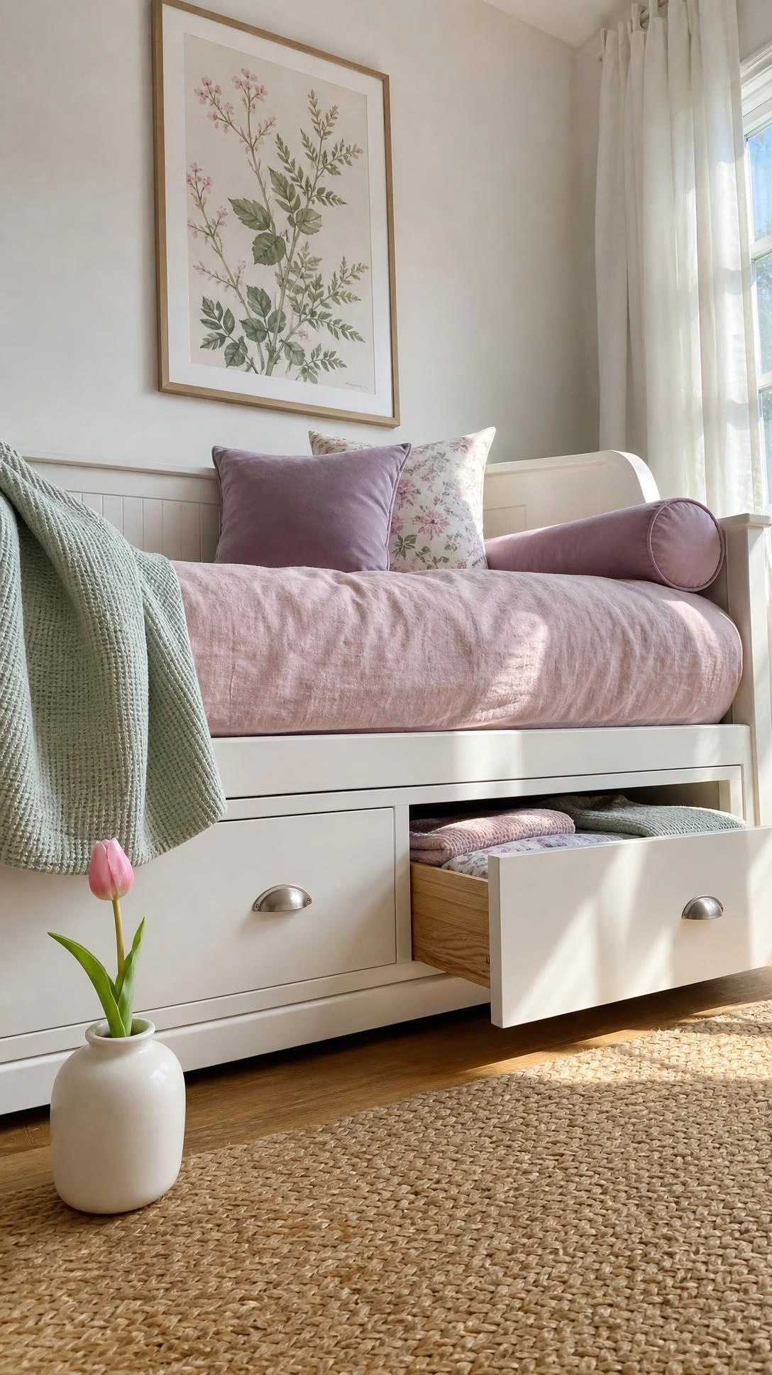 Girls' bedroom daybed with white painted wood frame and lilac bolster pillow, built-in storage drawers visible below — smart style meets hidden organization