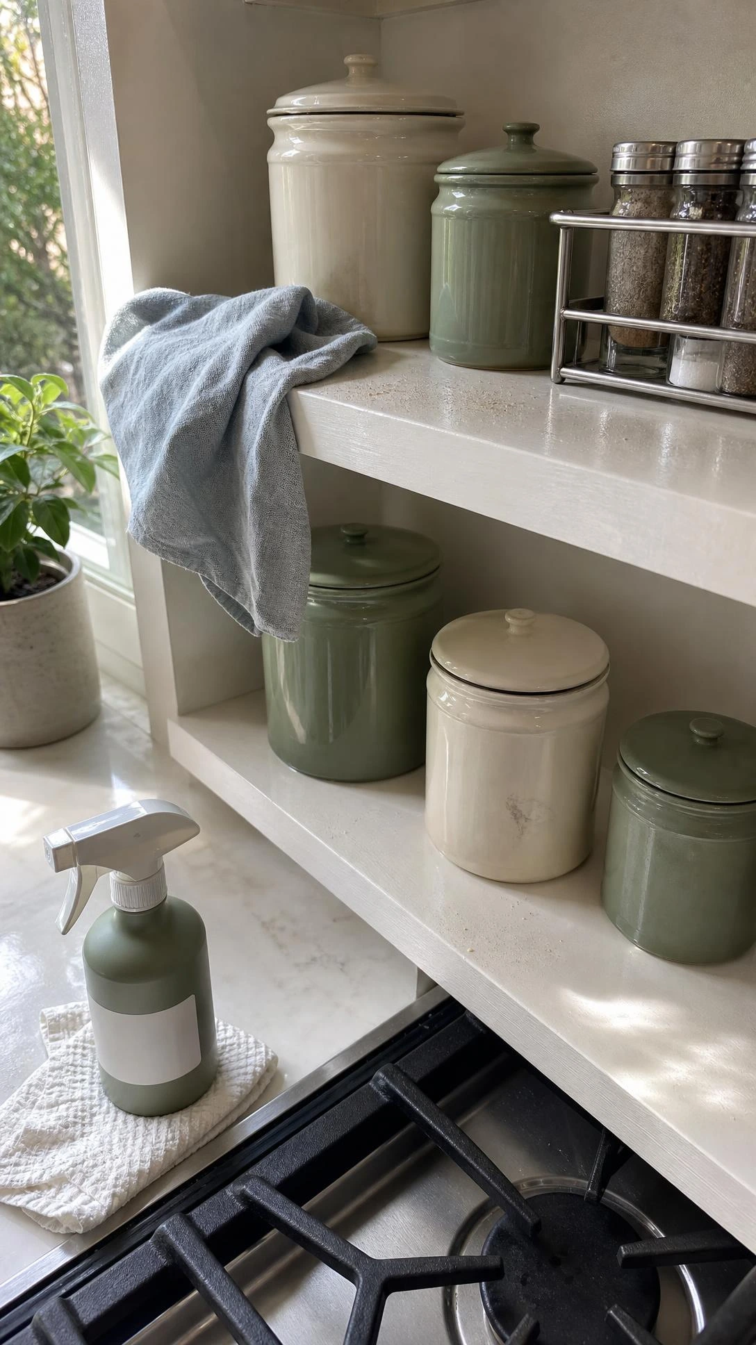 Glazed cream porcelain canisters on a kitchen shelf directly above a gas stove, showing a practical styled setup that resists grease and dust near the cooktop