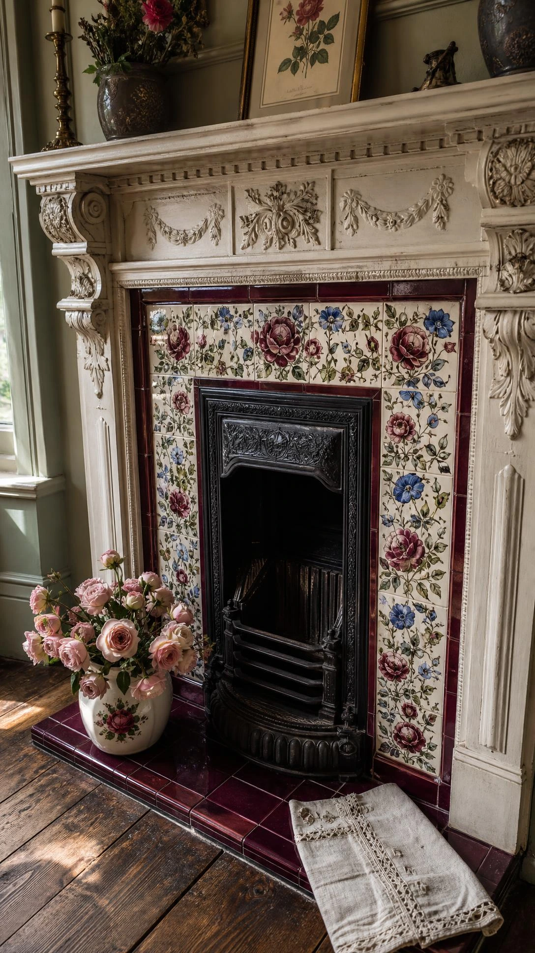 Victorian fireplace surround featuring hand-painted ceramic tiles with blooming roses, trailing vines, and deep burgundy floral patterns — a signature decorative detail of authentic Victorian design