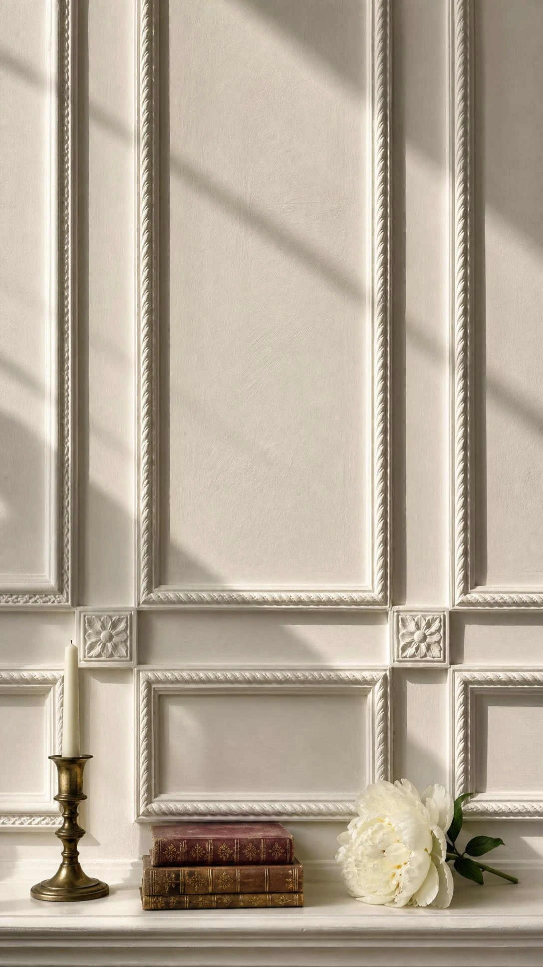 Crisp white decorative wall molding with raised rectangular panels and rope-detail border trim, a classic Italian old world living room design technique