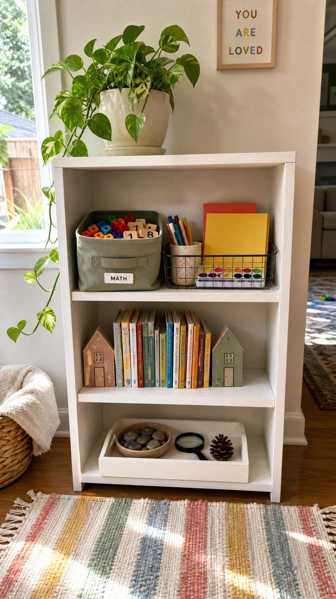 Low white wooden shelves styled as a kids' rotating materials station, showing organized learning supplies in a bright home corner that actually gets used