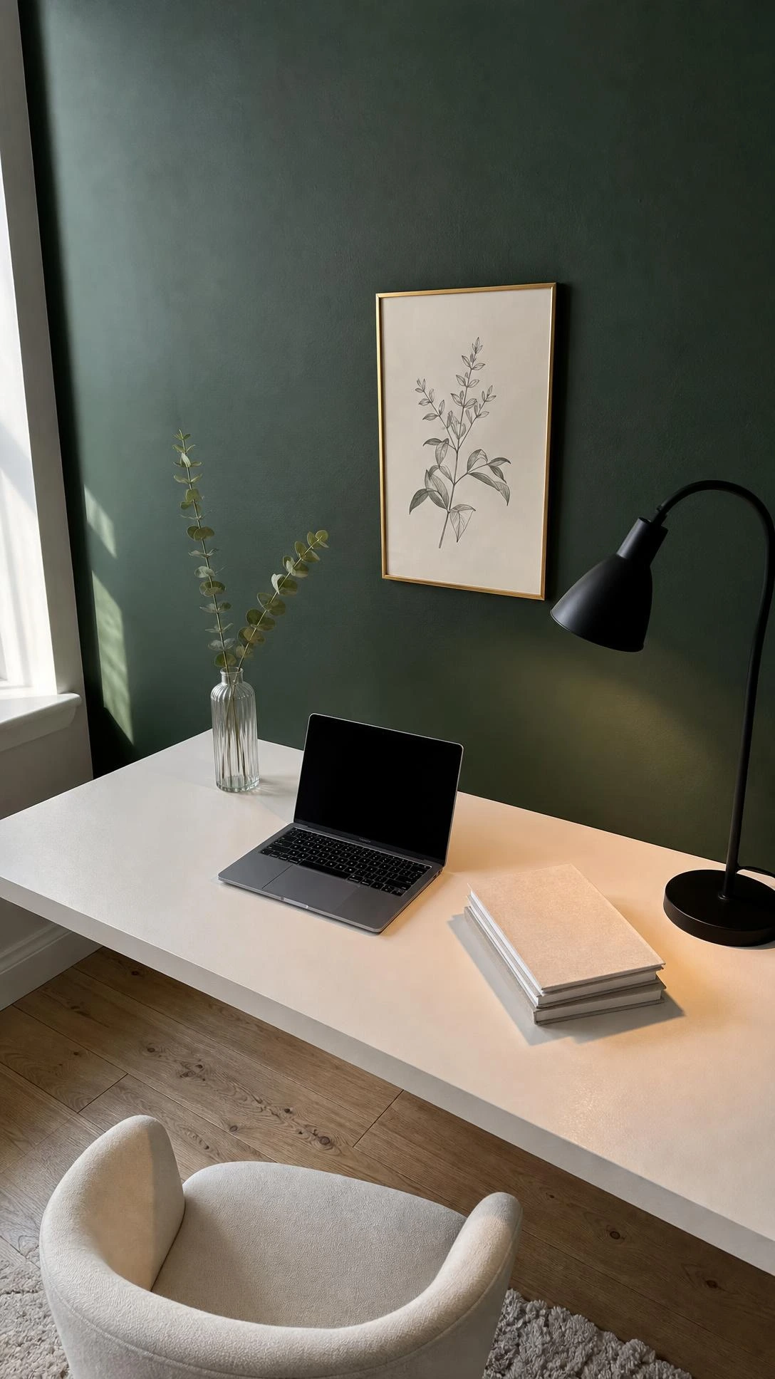 Deep forest green matte accent wall behind a white floating desk with a laptop and linen notebooks, creating a bold yet focused home office corner