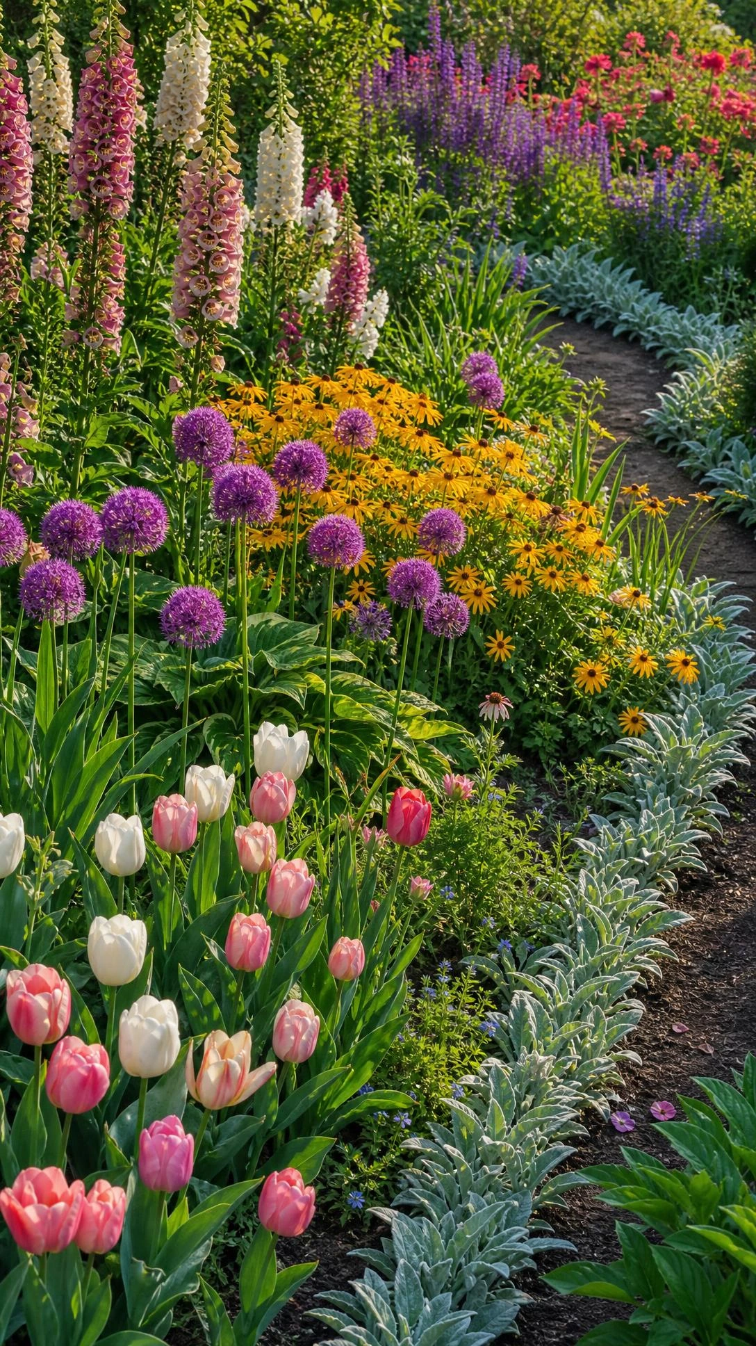 Residential flower garden path curving through layered bloom succession zones, showing early, mid, and late-season flowers thriving together in one continuous bed