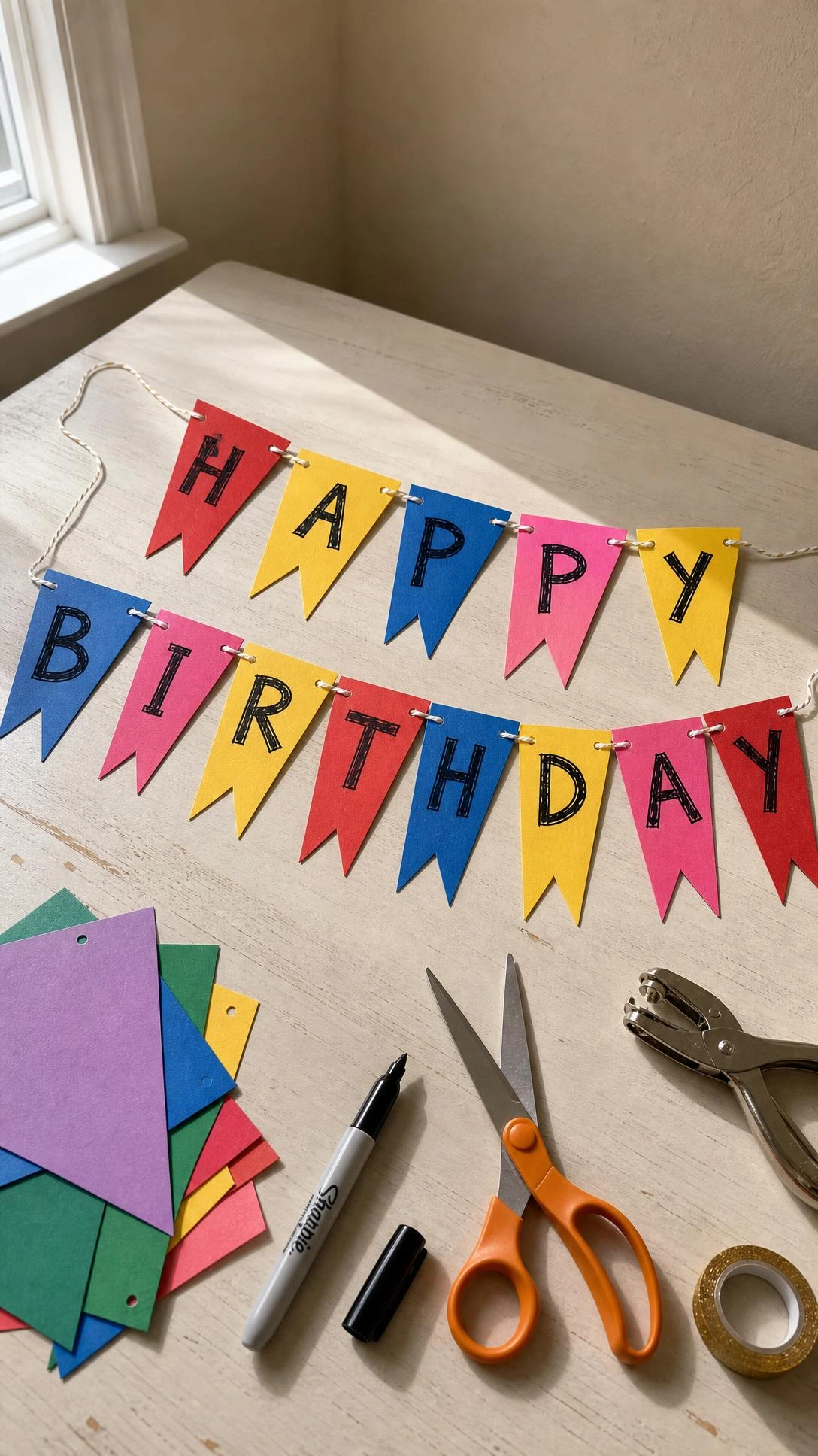 Handmade birthday banner cut from colorful cardstock strung across a light oak table with craft scraps, a quick DIY kids party decoration