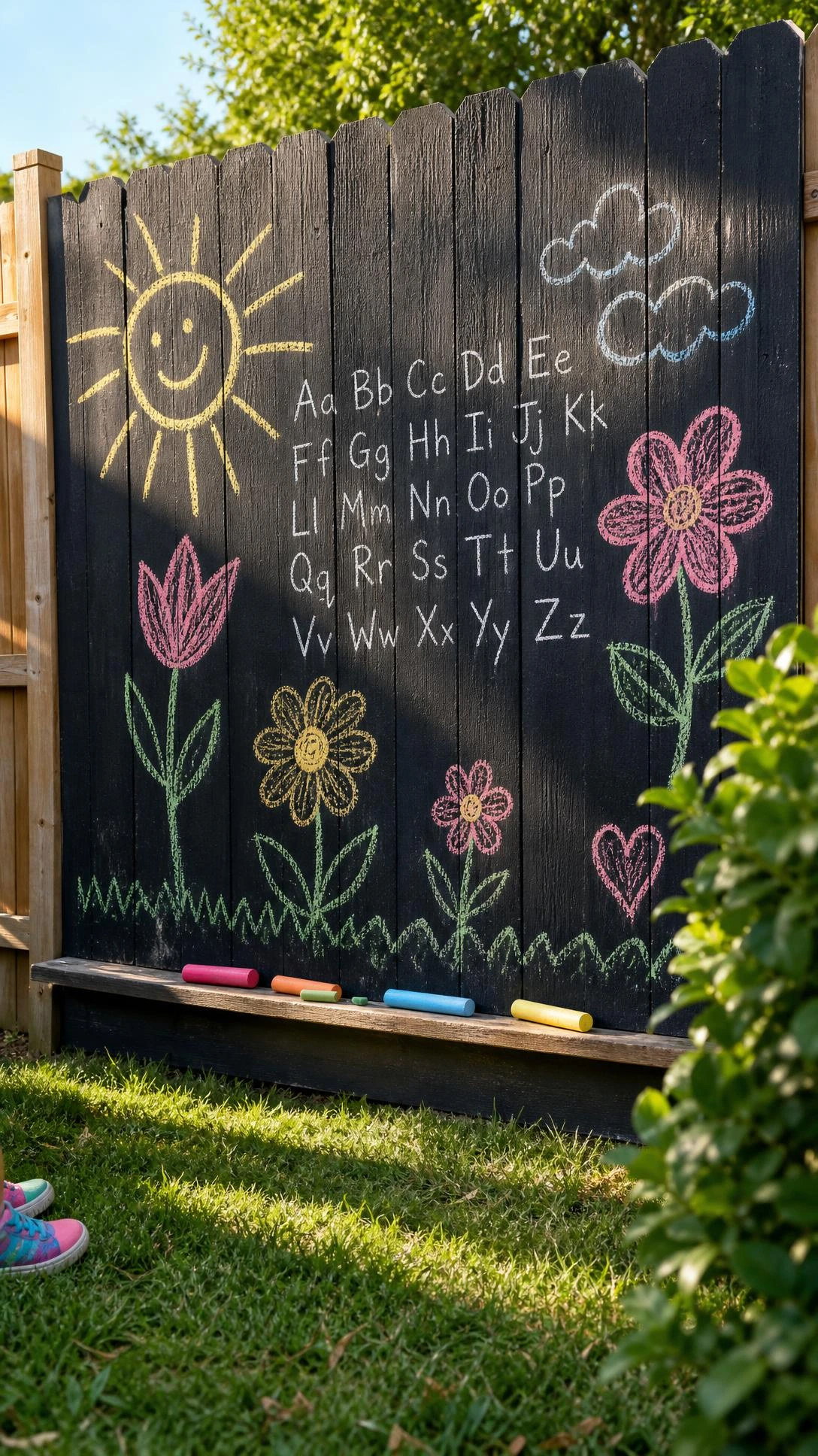 A full wooden fence panel painted with matte black chalkboard paint covered in colorful chalk drawings in a sunny backyard, showing a budget-friendly DIY kids activity