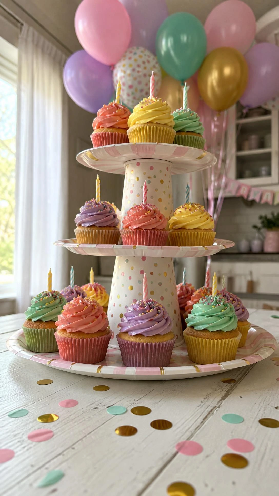 Three-tiered DIY cupcake stand built from stacked paper plates and cups on a white kitchen table, showing how simple supplies create party-ready display height