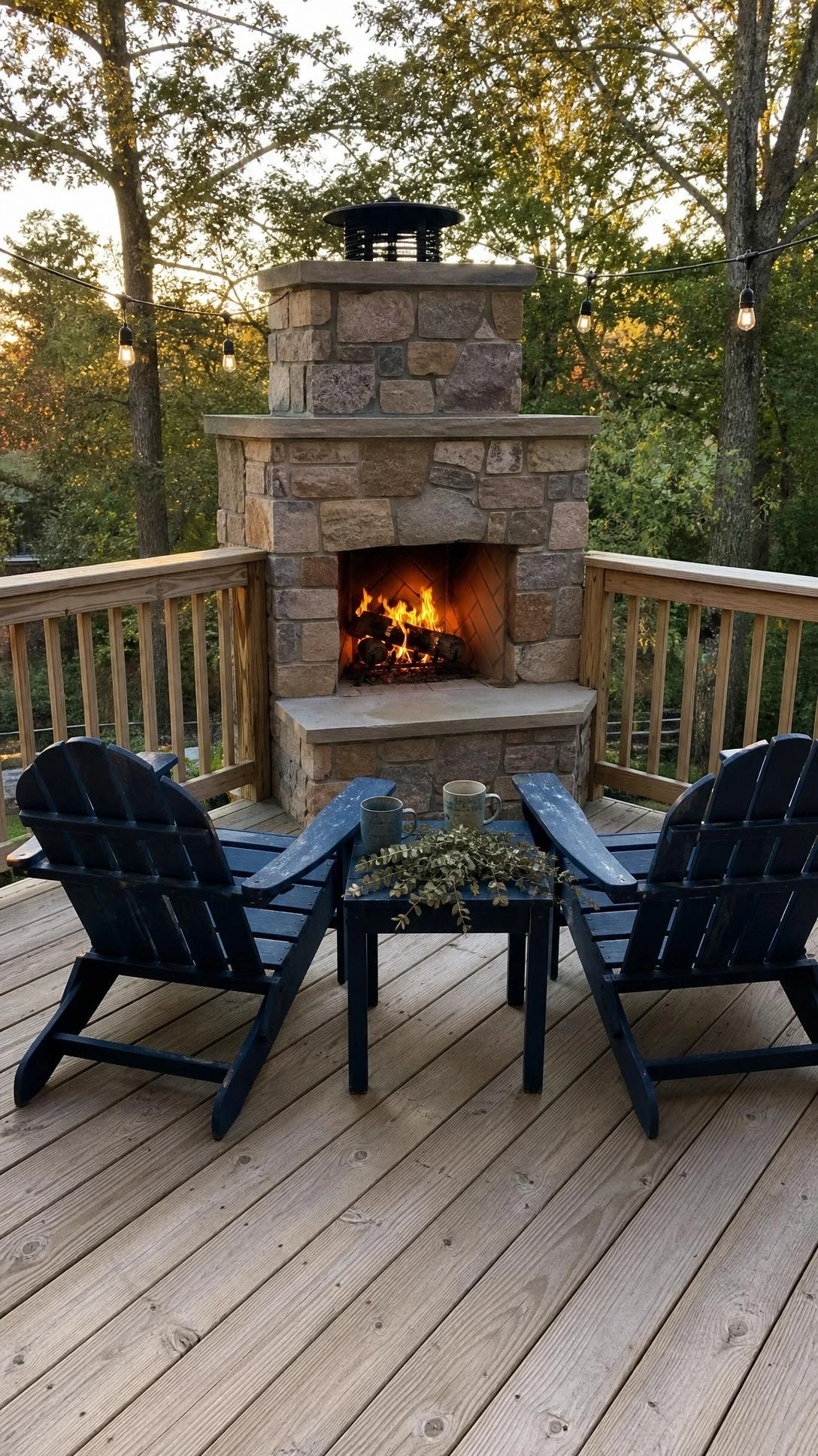 Stacked natural stone DIY outdoor fireplace built into a wooden deck corner, rising to shoulder height where two railings meet in warm afternoon light