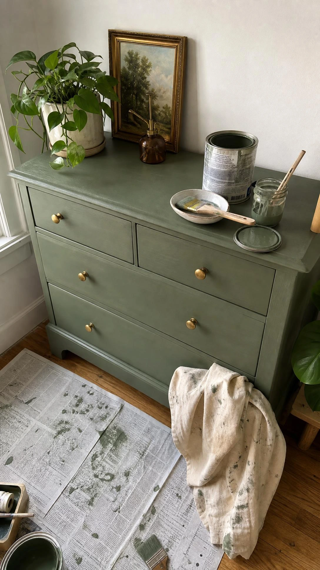 Old wooden dresser repainted in warm matte sage green, transforming a budget home workspace corner with a simple DIY furniture update