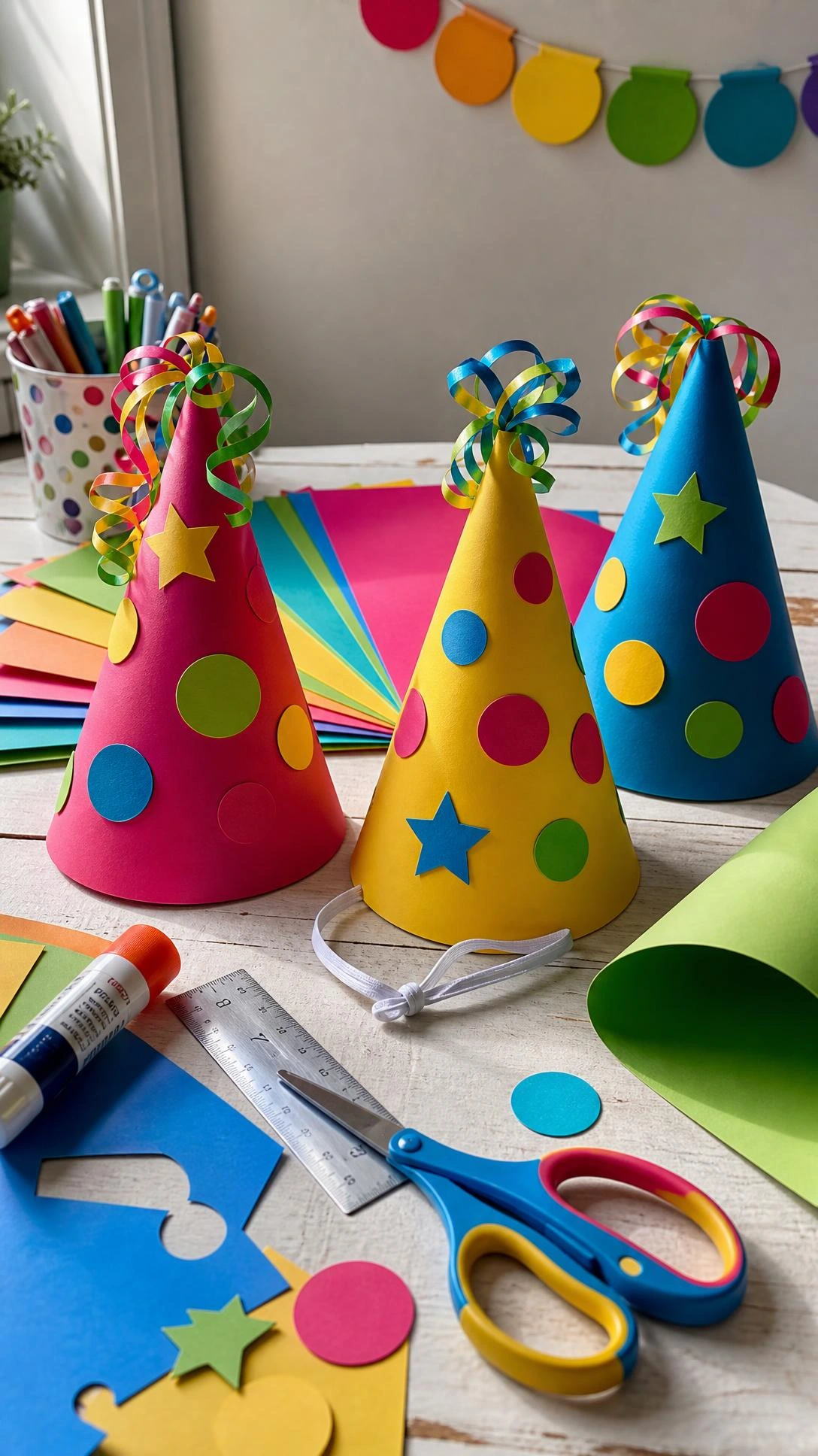 Handmade cardstock party hats in magenta, yellow, cobalt, and lime green fanned across a white wood table — easy DIY kids birthday decorations made the night before