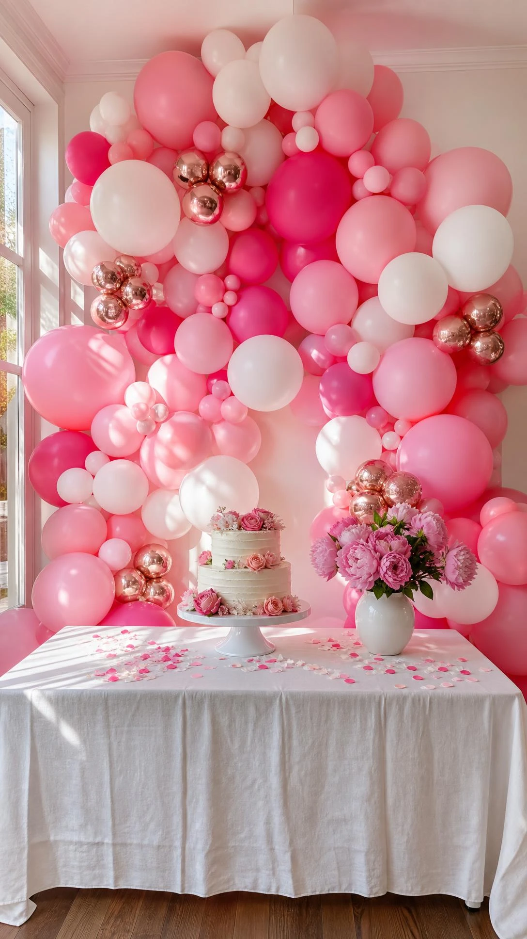DIY organic balloon garland in blush, hot pink, pastel pink, and white balloons densely clustered across a home party wall backdrop