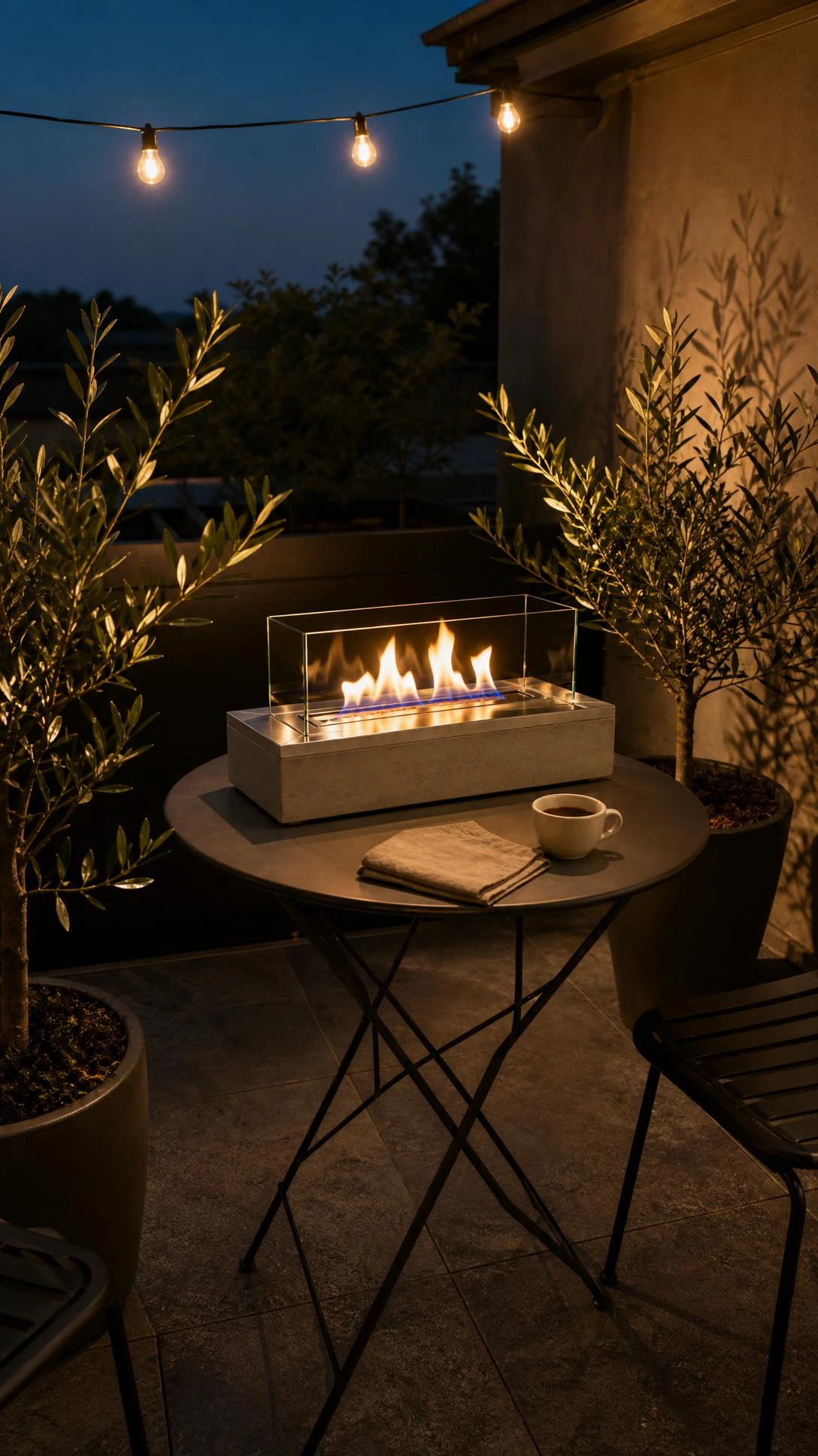 DIY tabletop gas fireplace on a small bistro table at golden hour, concrete and stainless steel build glowing with real flame on a compact modern patio