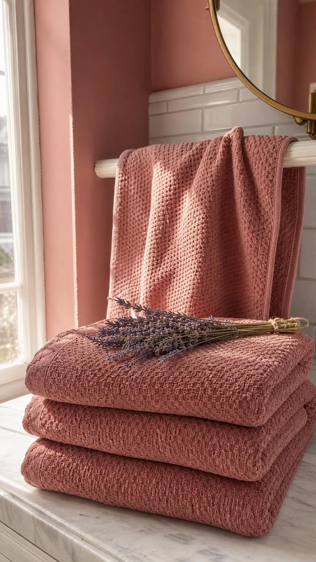 Stack of dusty rose waffle-weave towels folded in a pink bathroom, showcasing the soft texture and warm tonal layering of a dusty rose aesthetic