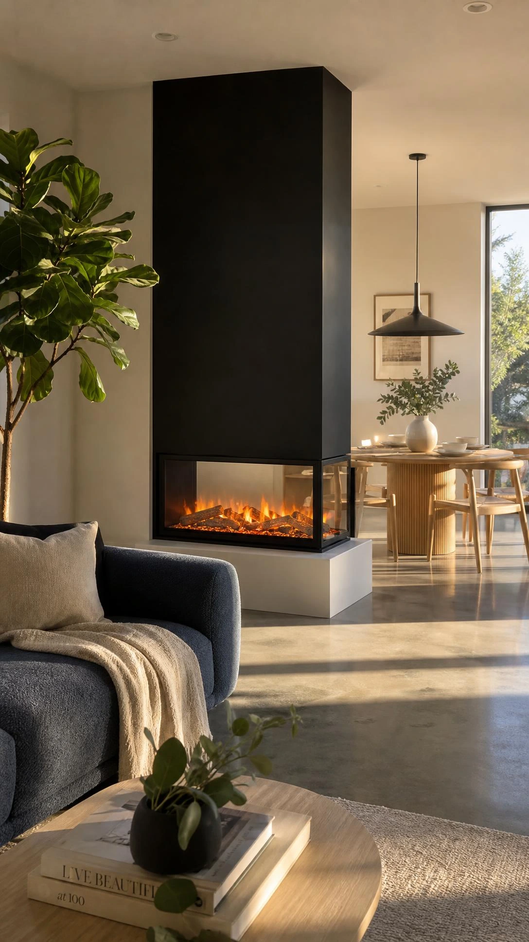 Double-sided electric fireplace dividing an open-concept living and dining room, mounted in a sleek white MDF floor base as a modern architectural statement