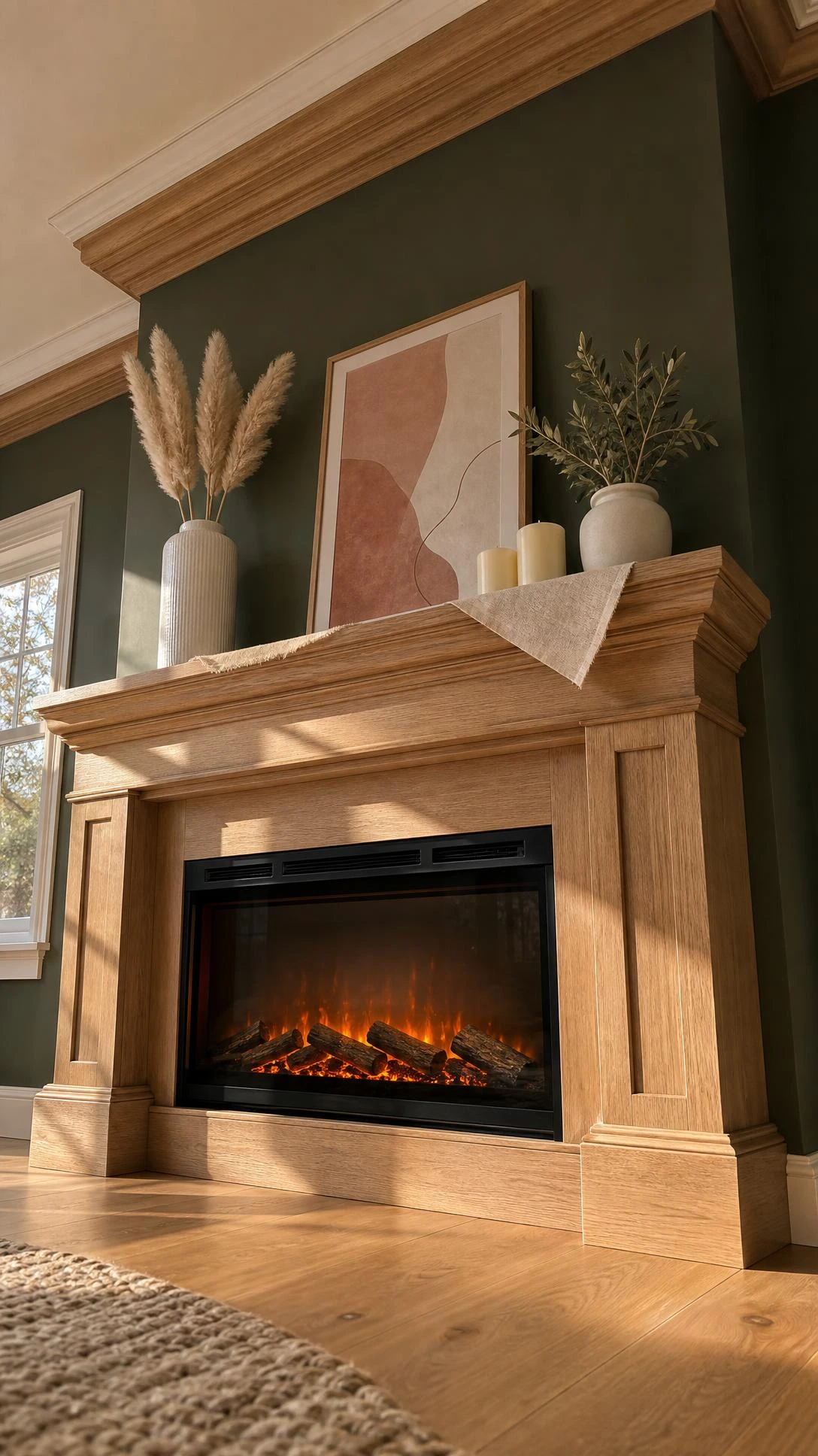 Built-in electric fireplace with custom light oak wood mantel featuring chunky crown molding and pilaster columns, photographed from floor level to show full height impact in living room