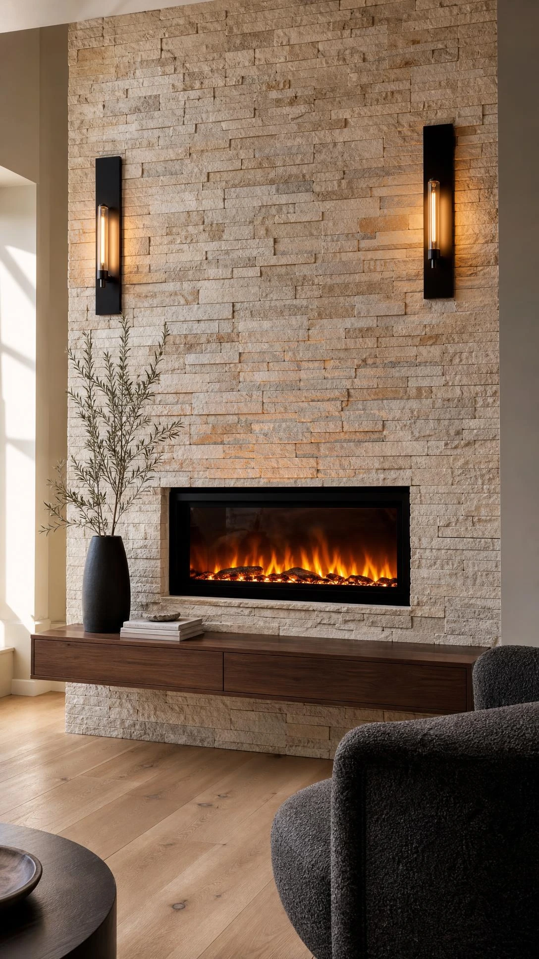 Floor-to-ceiling stacked ledgestone electric fireplace feature wall in warm cream and taupe tones, showing the dramatic vertical impact this accent wall creates in a living room