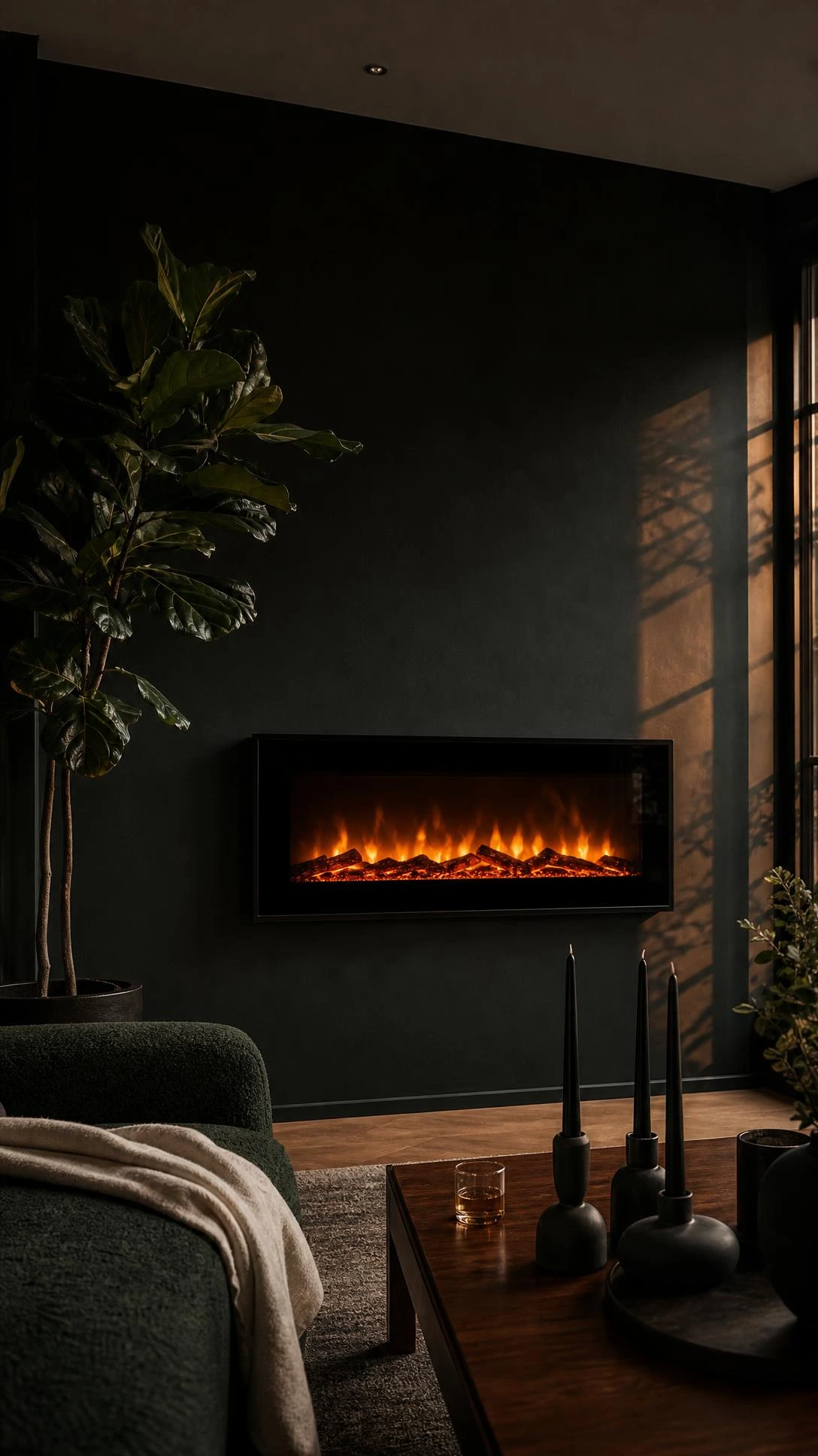 Wall-mounted electric fireplace glowing against a deep charcoal black-green accent wall in a moody, dramatic living room corner