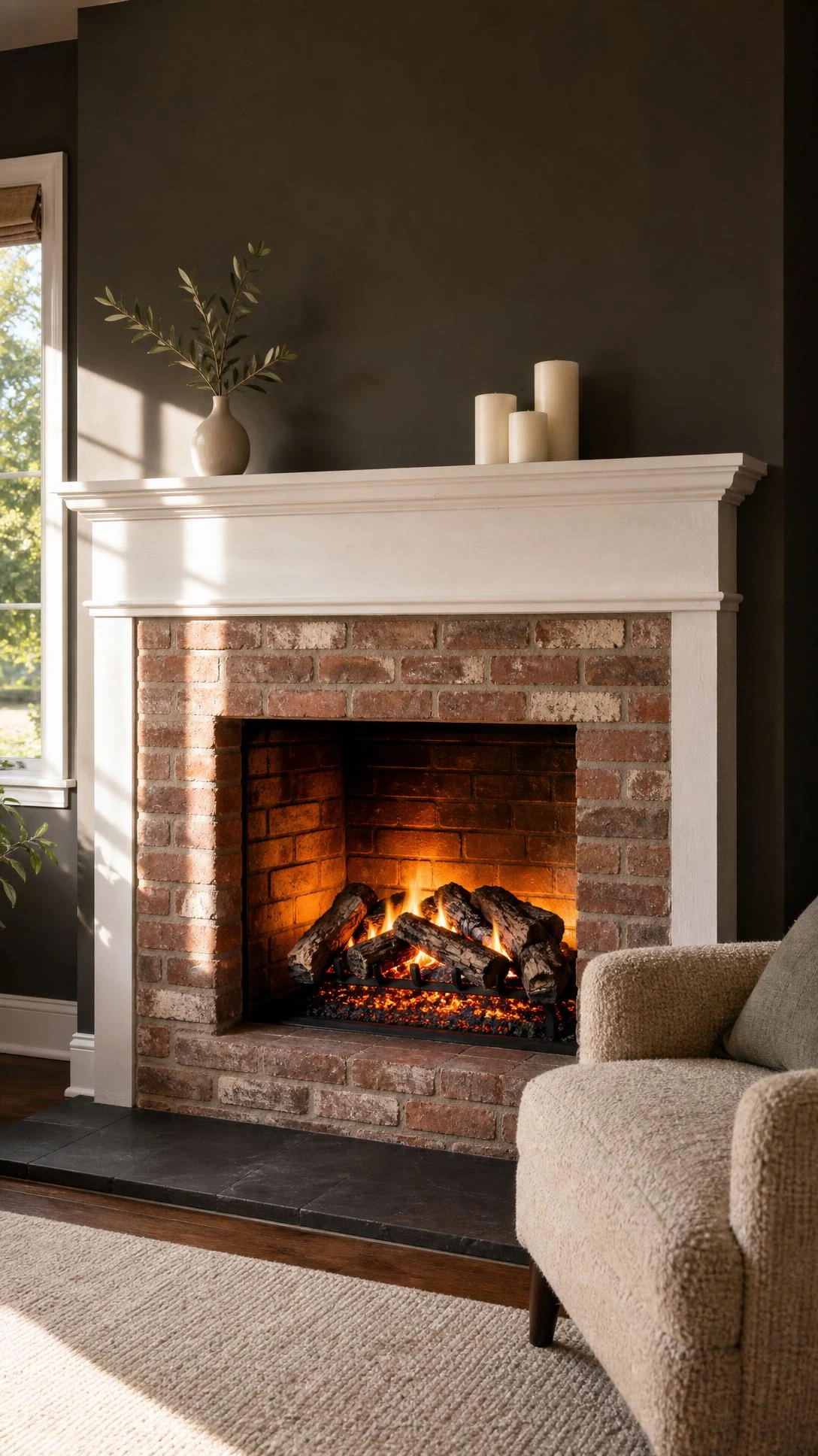 Realistic electric log set glowing inside a traditional brick fireplace opening, showing how an existing hearth transforms without gas or renovation