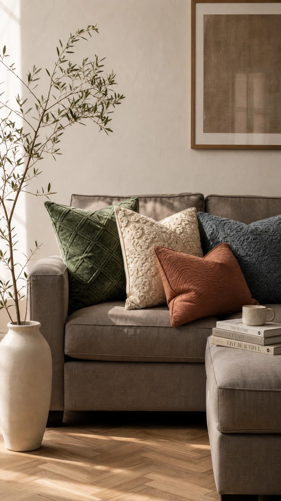 Cozy living room corner sofa styled with embossed throw pillows in dusty sage velvet and raised floral textures adding tactile chic depth