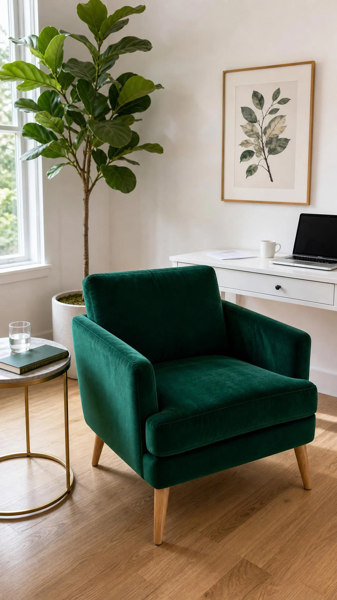 Emerald green velvet accent chair in a sunlit home office corner, adding a rich jewel-toned pop of color to a compact workspace