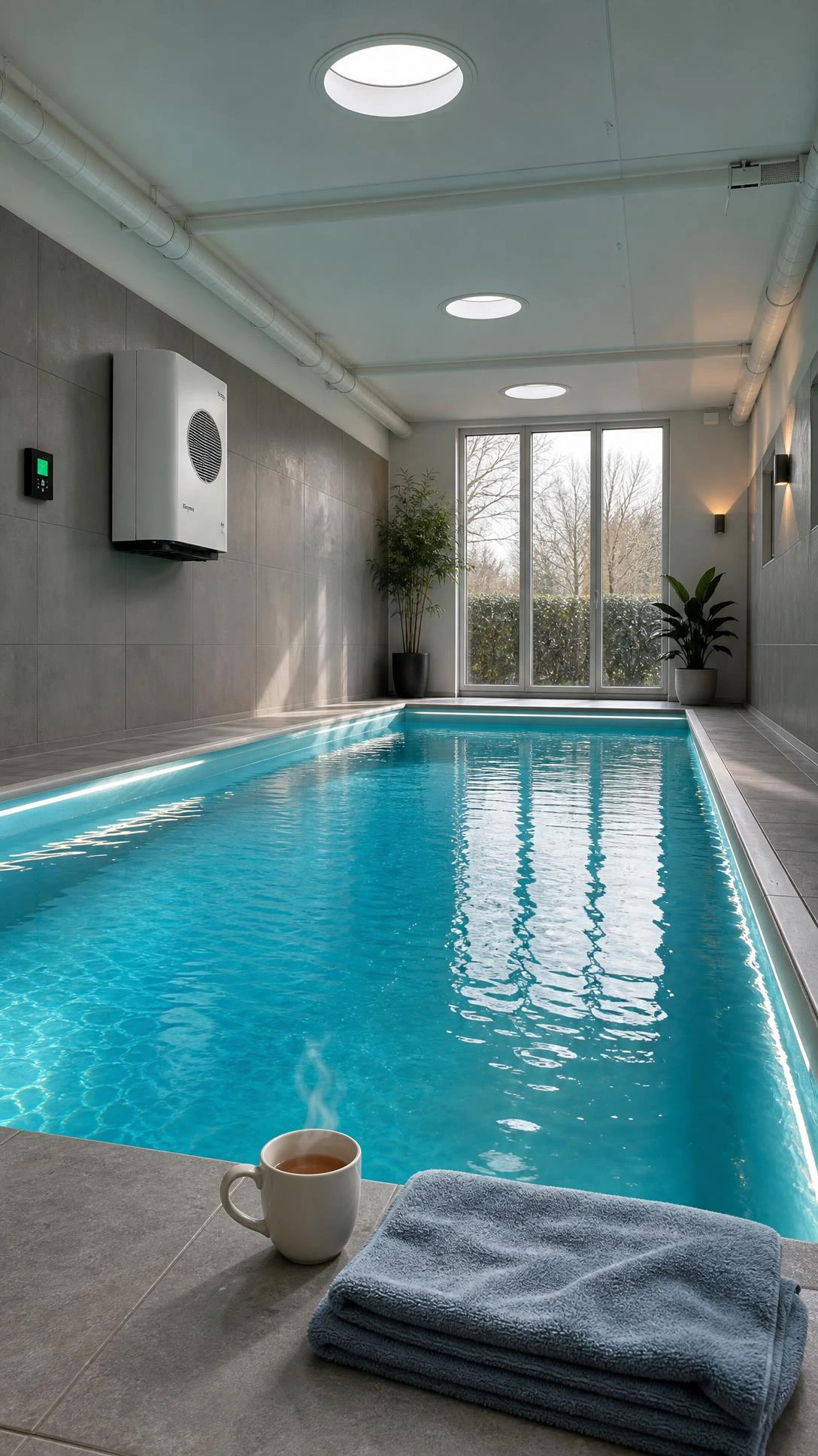 Compact indoor swimming pool with glowing aqua-teal LED lighting in a modest home, showing energy-efficient heated pool design on a realistic budget