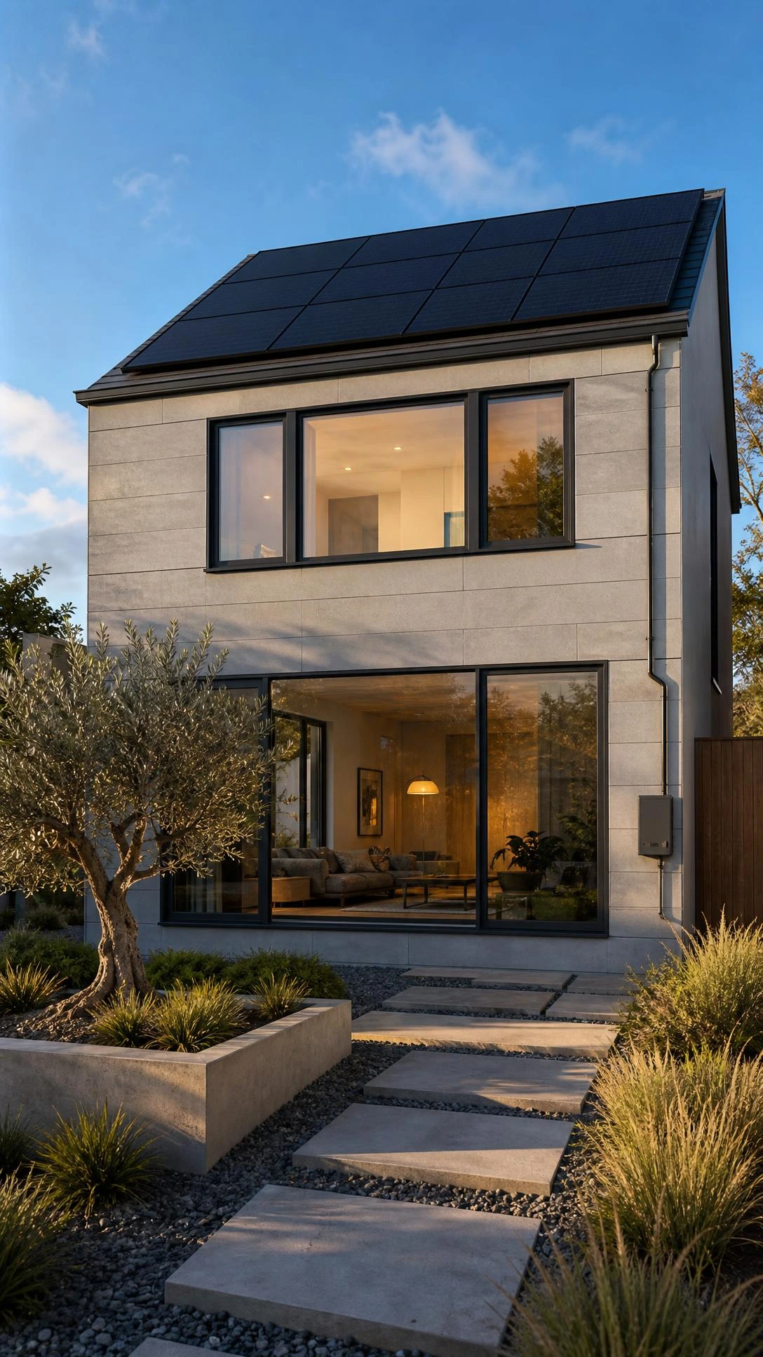Compact modern flat-roof home with full rooftop solar panel array and light gray fiber cement cladding, showing energy efficient small family house design