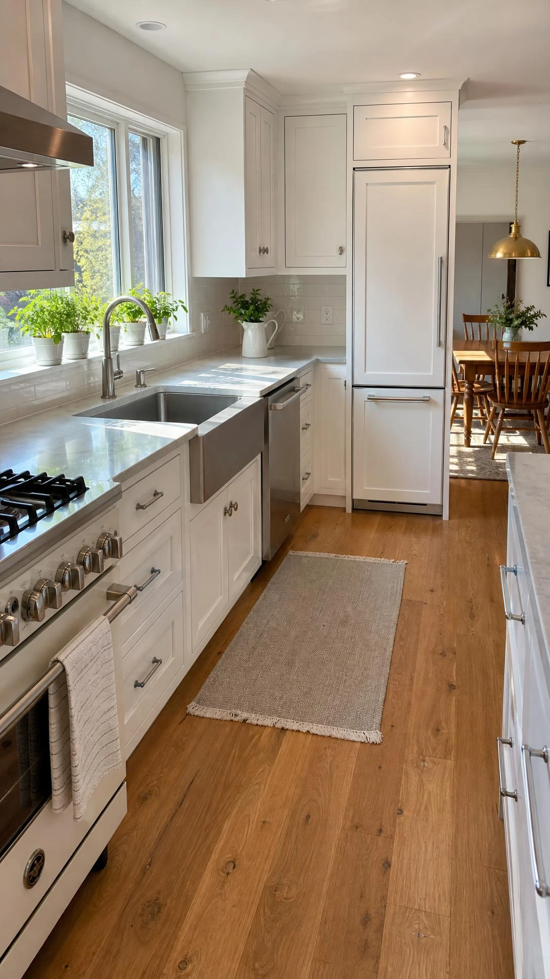Open kitchen dining room showing the ergonomic kitchen triangle with sink, stove, and refrigerator as anchor points across white cabinetry and pale gray quartz countertops
