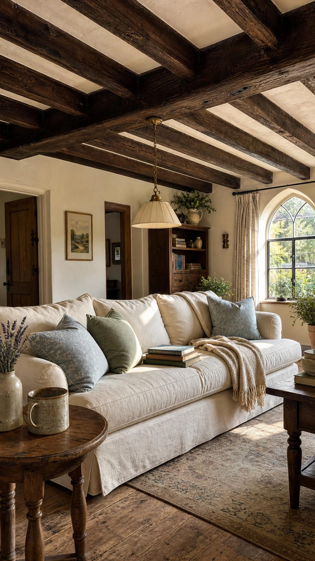 Dark exposed ceiling beams anchor a cream linen sofa and sage throw pillows in a warm English countryside living room with aged oak floors