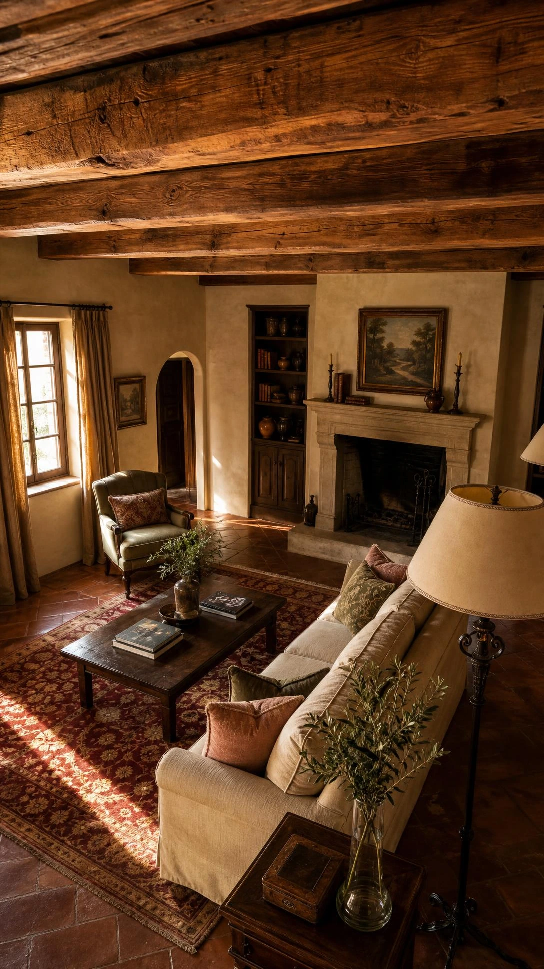 Aged exposed wooden ceiling beams with deep natural grain stretch across an Italian-style living room, anchoring the old world elegance of the entire space