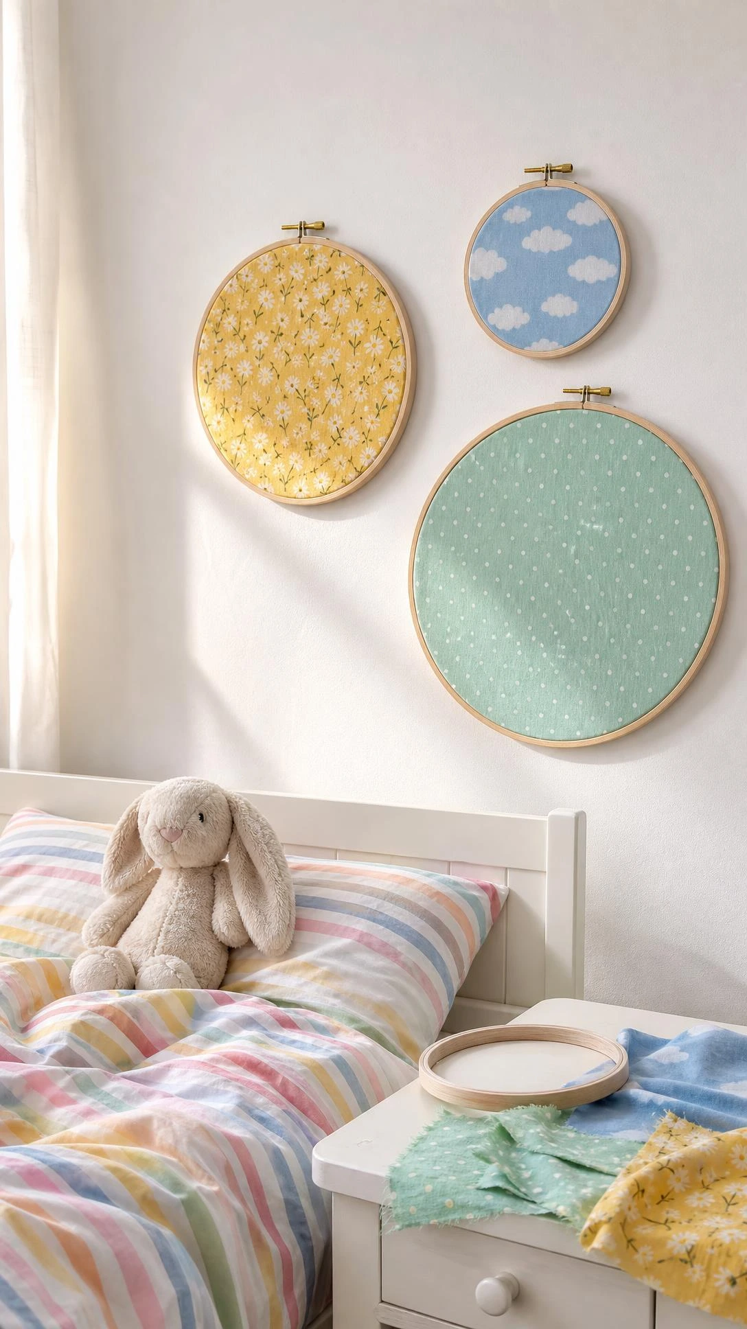 Three embroidery hoops in small, medium, and large sizes displayed as a gallery on a white wall, each stretched with different cheerful fabrics for a budget-friendly kids room artwork idea