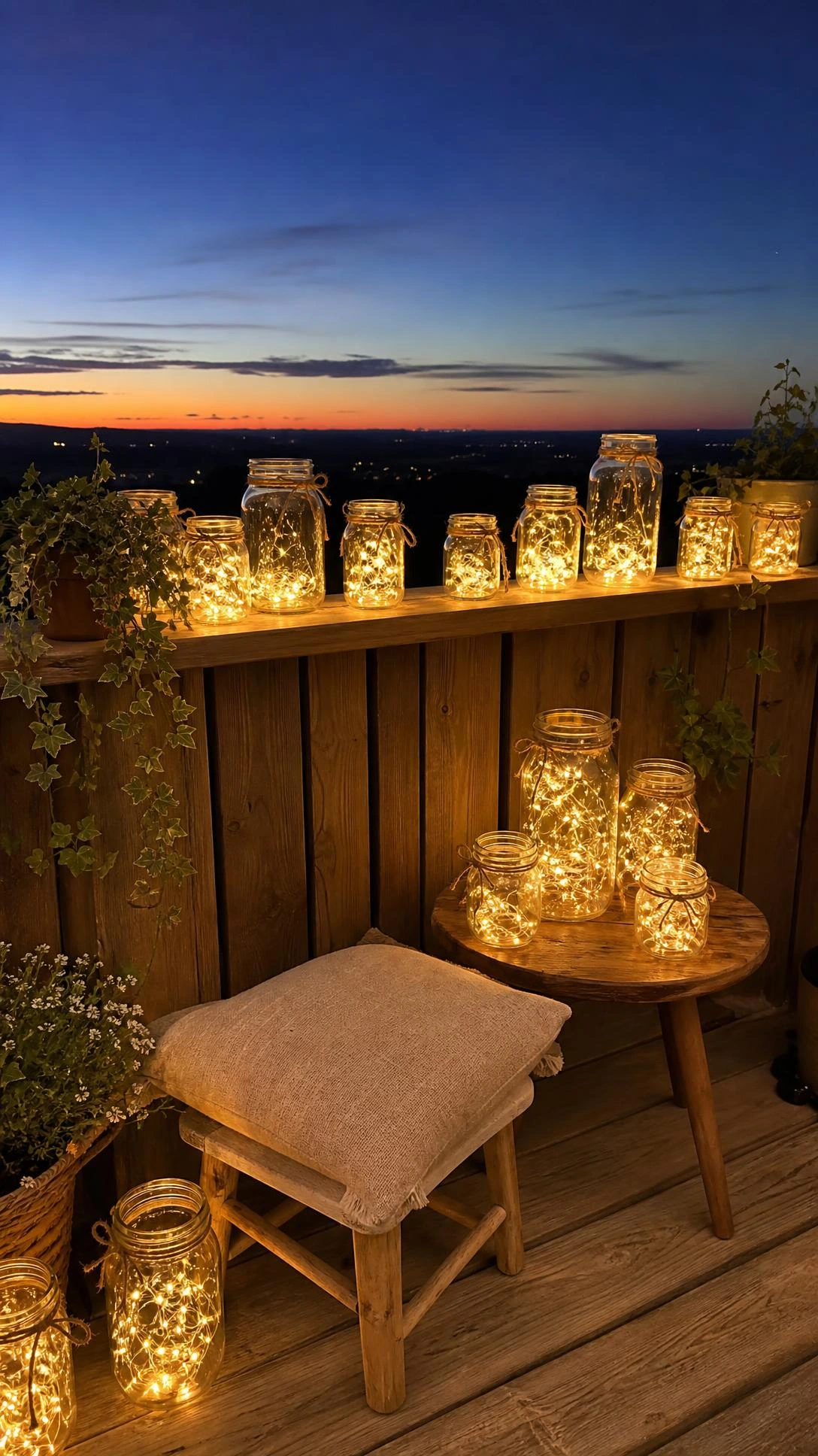 Clusters of glowing glass mason jars filled with warm golden fairy lights arranged along a wooden balcony railing at dusk, creating soft light halos