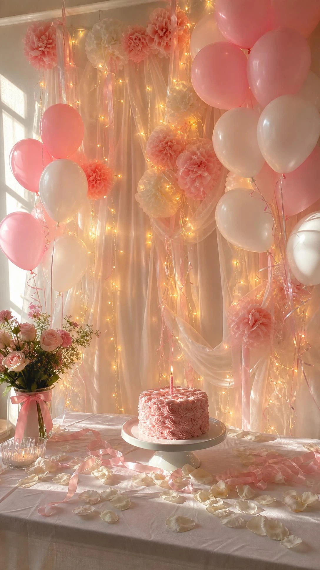 Warm white fairy lights woven through cascading white chiffon and blush pink birthday party decor, creating a soft dreamy glow perfect for pink and white celebrations