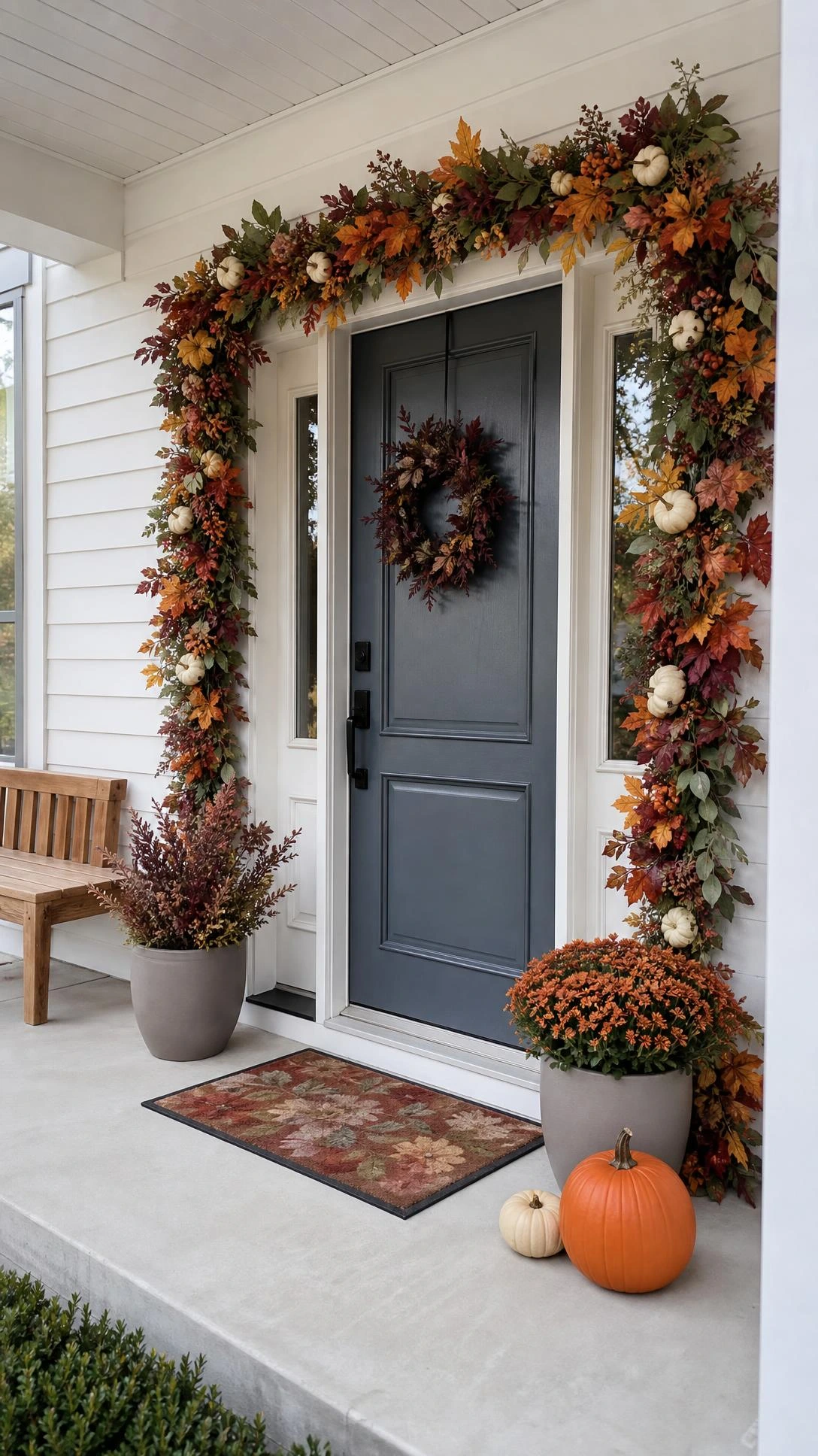 Fall porch decorating ideas featuring a lush garland wrapped around a deep blue-gray front door frame on a clean modern suburban entry.