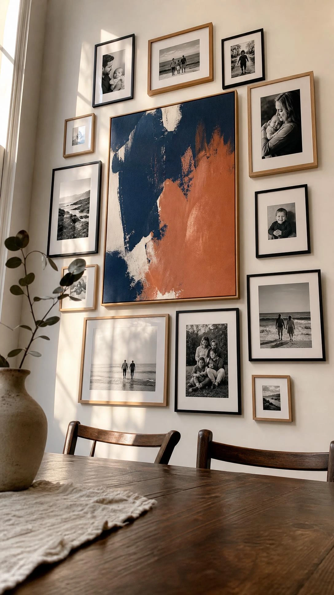 Dining room gallery wall featuring clustered black-and-white family photos surrounding one large bold art print as the focal centerpiece