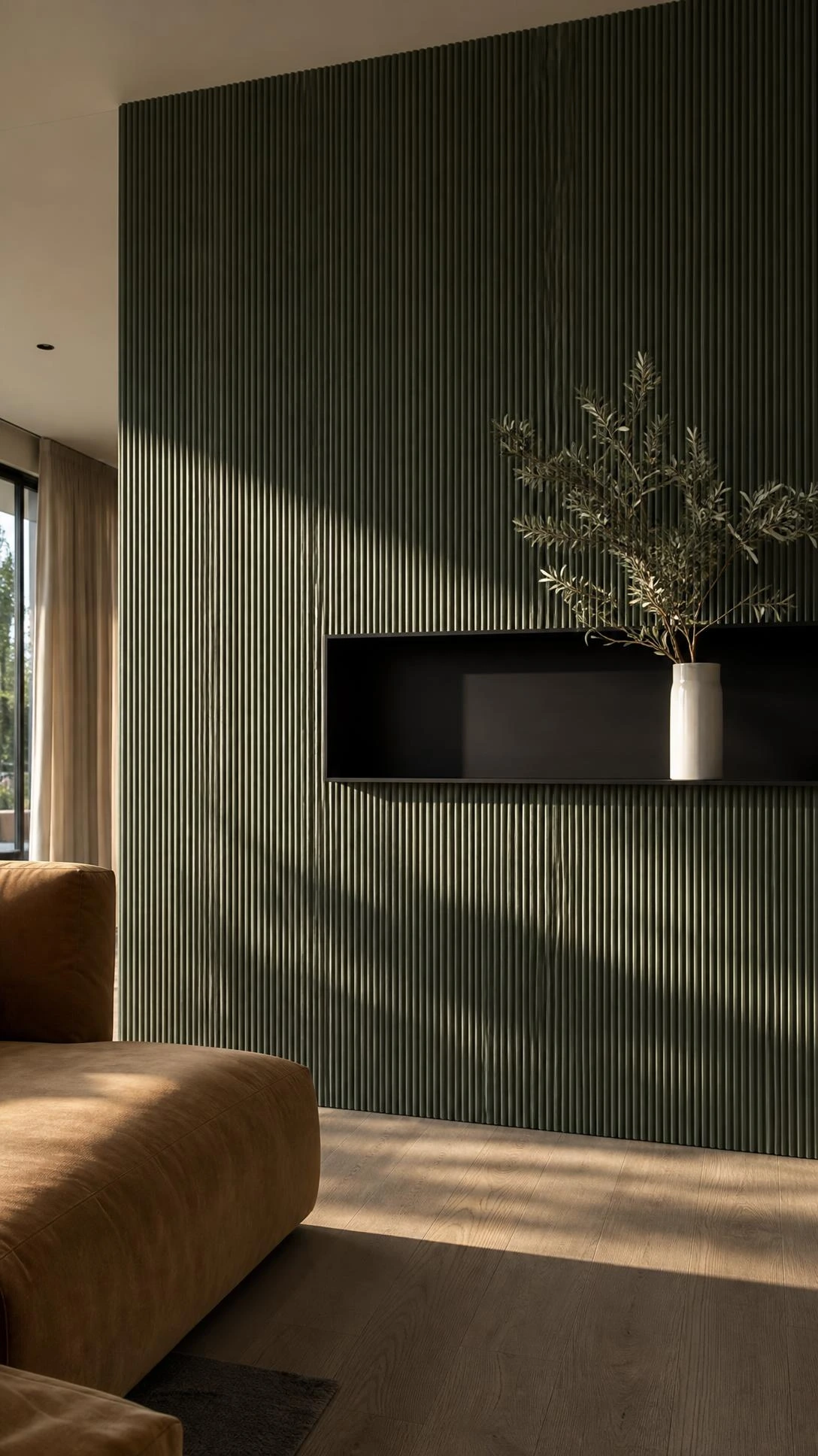 Floor-to-ceiling fluted plaster feature wall in deep dusty sage green, with natural light casting vertical shadows across the textured panels in a sophisticated living room
