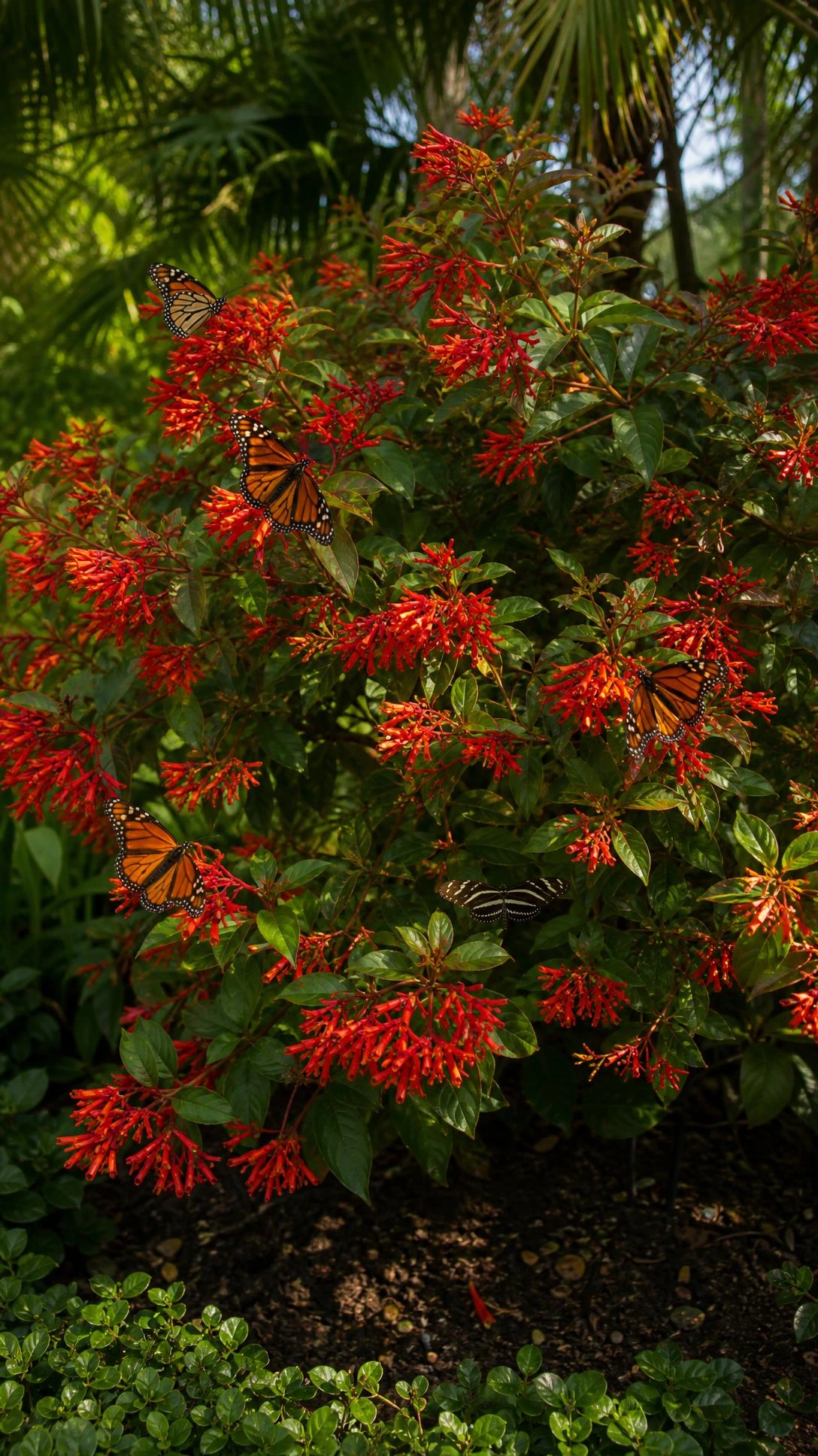 Firebush shrub blazing with scarlet and orange-red tubular flower clusters in a Florida garden bed, photographed in warm afternoon sunlight to show its year-round color payoff