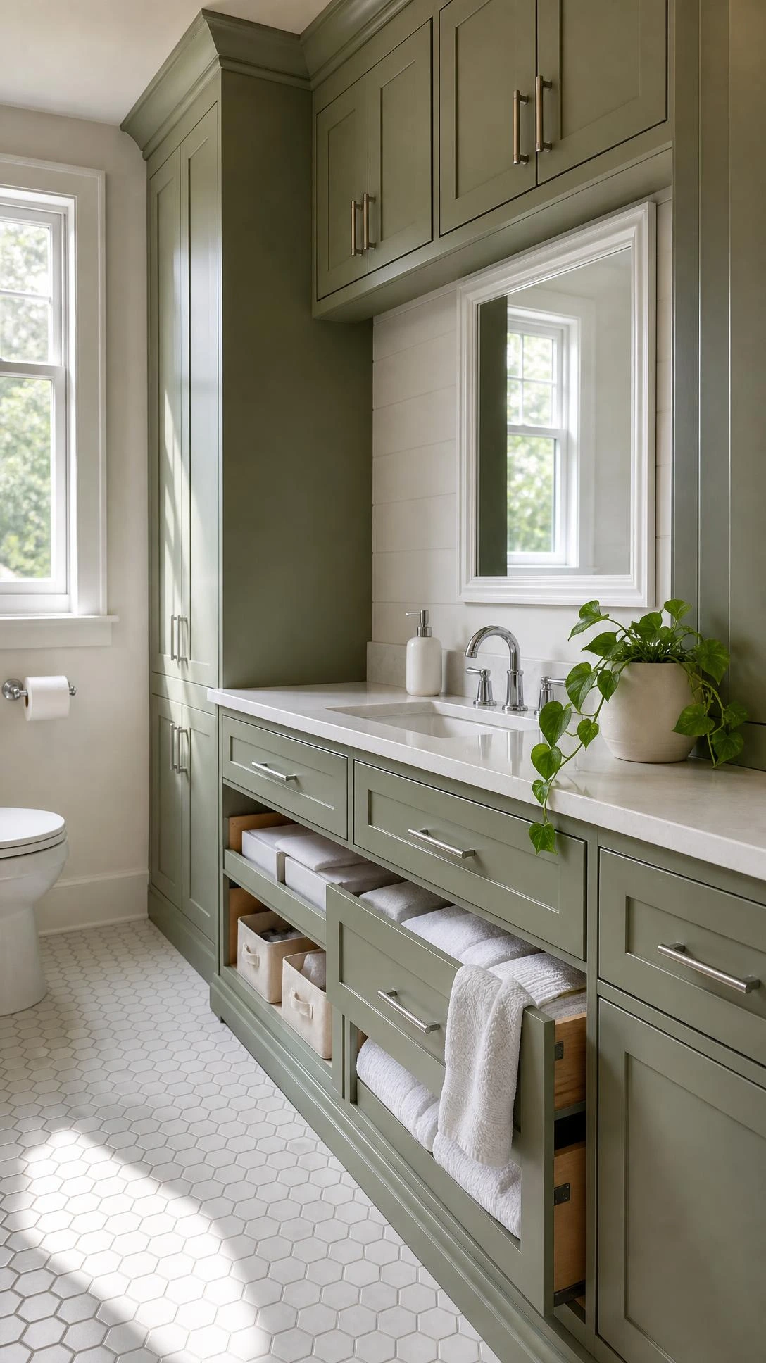Full wall of fitted sage green shaker-style bathroom cabinets with brushed chrome handles maximising storage in a family bathroom