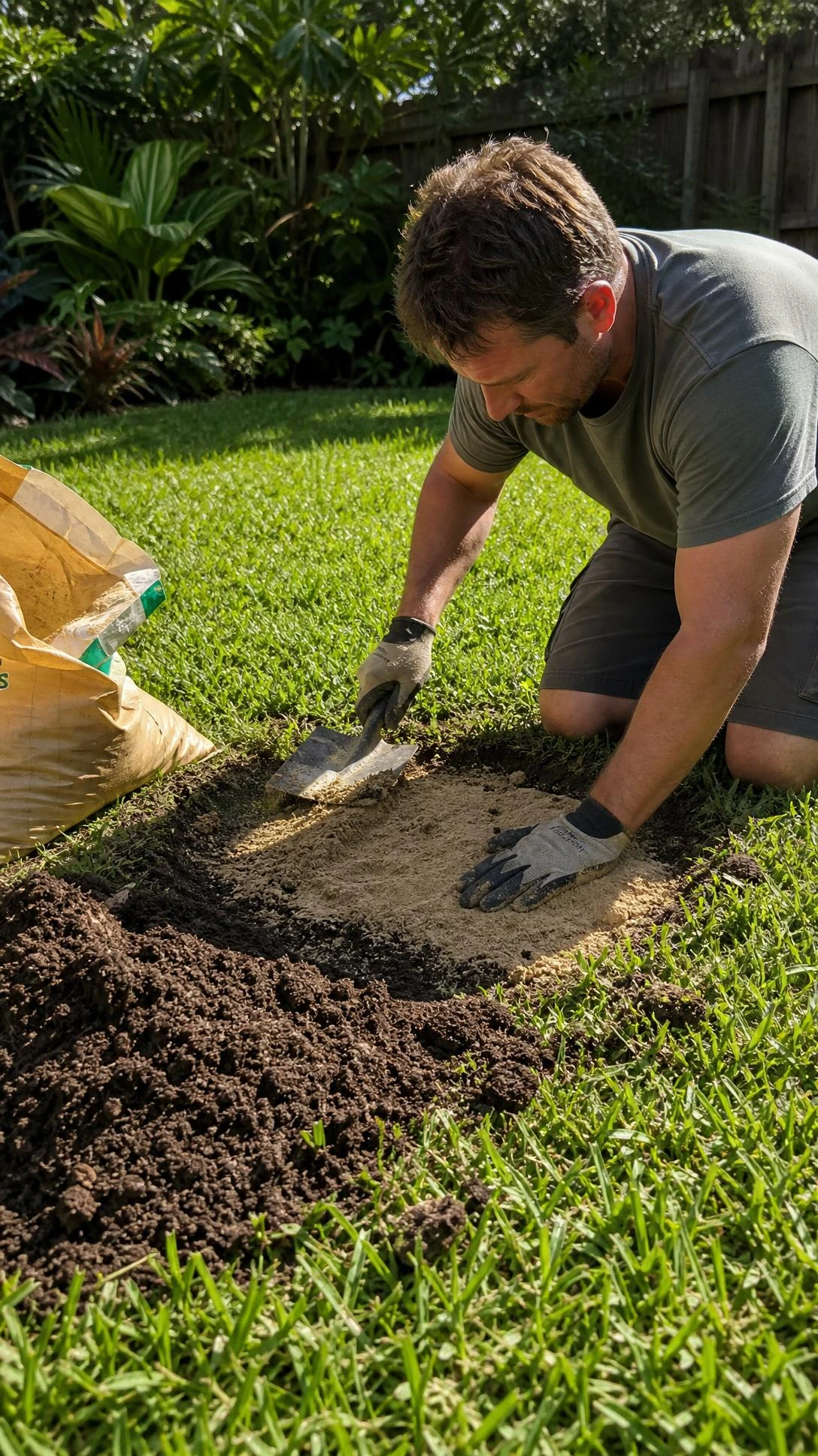 Homeowner leveling a low spot in a Florida backyard by working a sandy soil mixture into a shallow depression with a flat spade and gloved hand