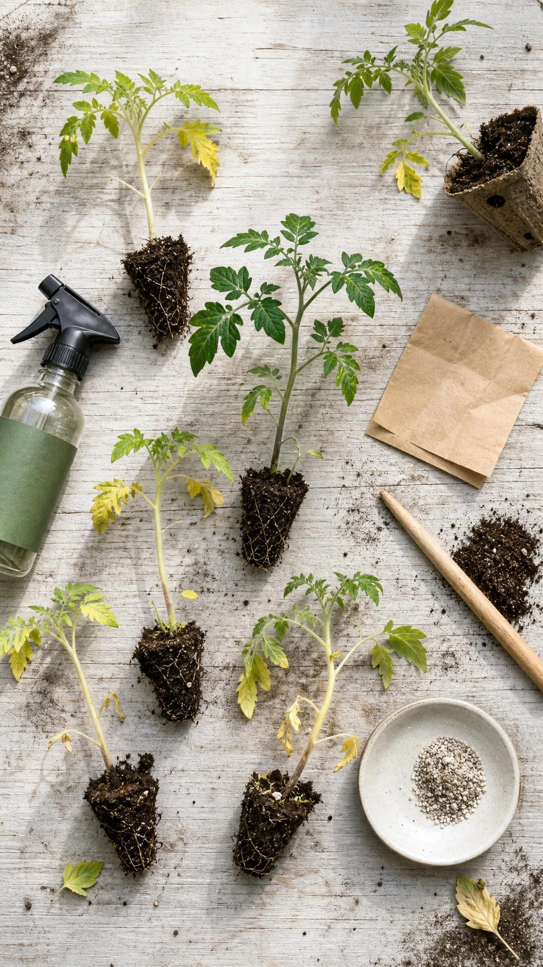 Young tomato seedlings showing yellowing leaves and early distress signs on a weathered wooden potting surface, helping gardeners spot problems before plants fail