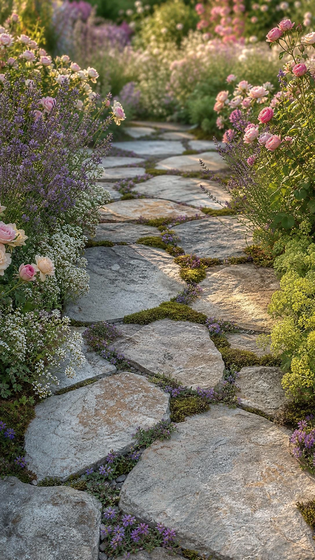 Winding flagstone path with irregular pale grey and buff stone slabs, gaps filled with creeping thyme and soft moss blooming purple — a charming cottage garden walkway detail
