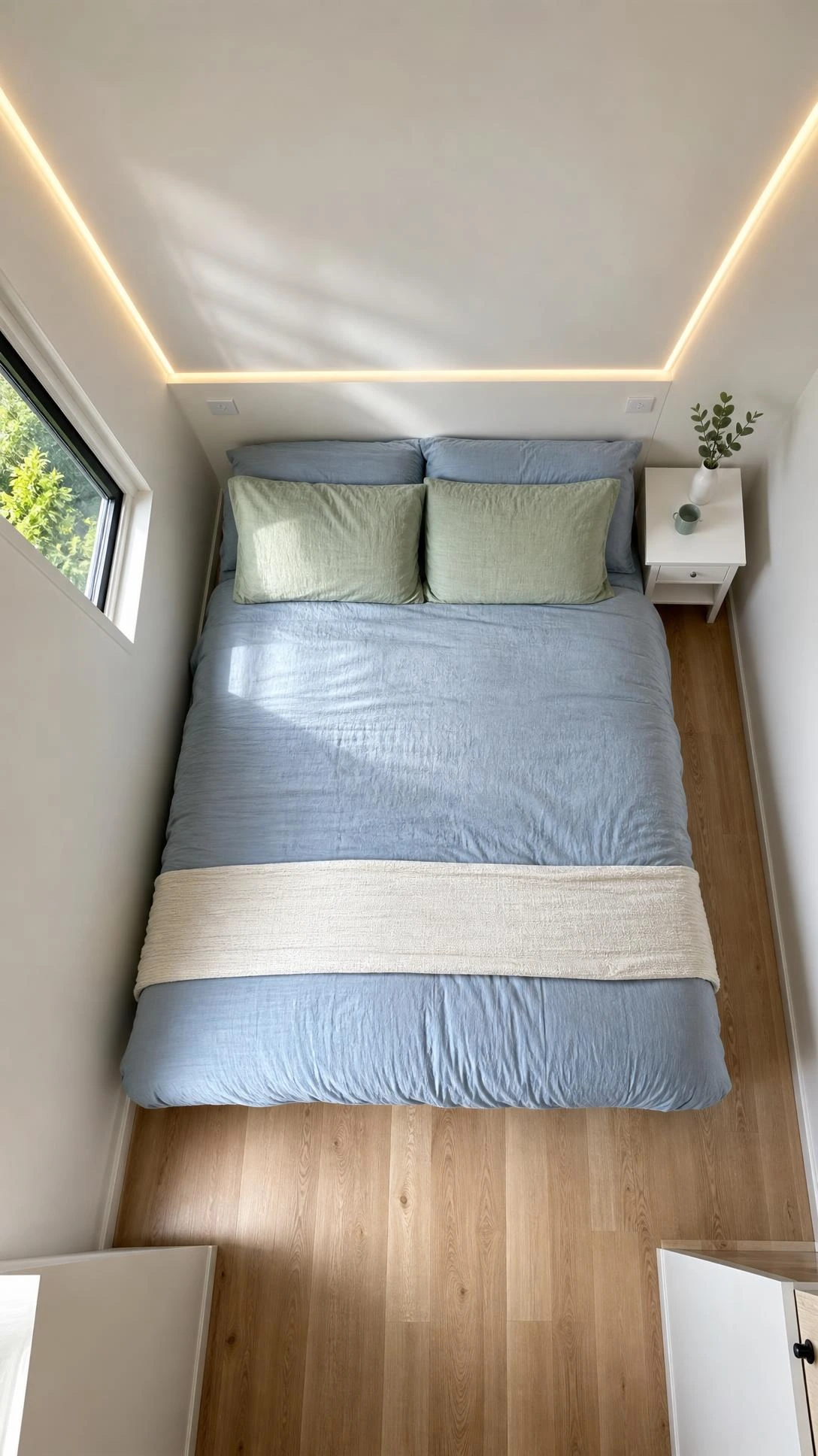 Flat gypsum ceiling in a small low-ceiling bedroom, shot from above to reveal a seamless matte white finish that makes the compact space feel open