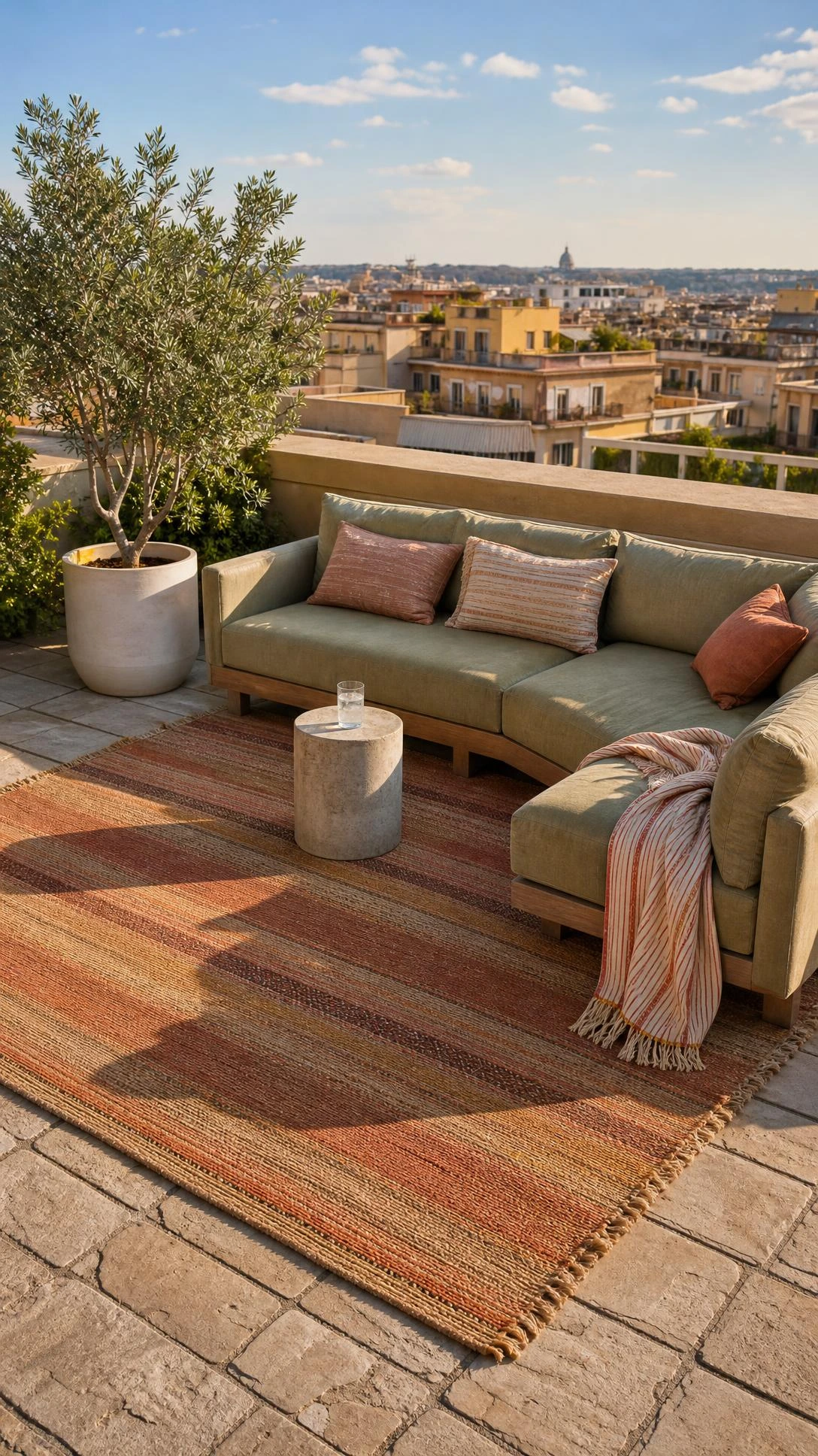 Rooftop terrace with a terracotta flat-woven outdoor rug anchoring a sectional seating zone, showing how a rug defines outdoor living space clearly