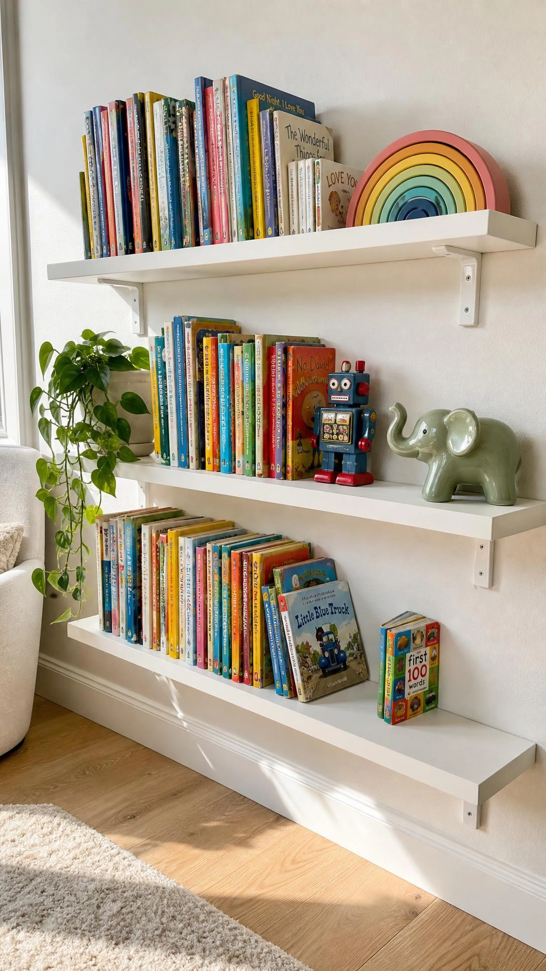 White floating shelves mounted in a living room corner displaying books and select toys, keeping the floor clear with vertical toy storage
