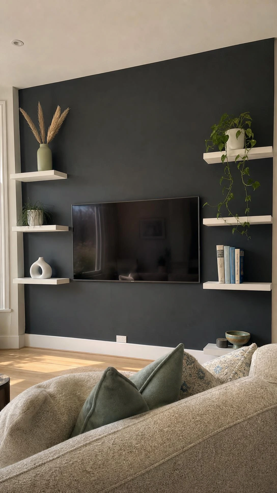 Modern TV feature wall with symmetrical floating white wood shelves framing a flush-mounted flat-screen in a sunlit living room