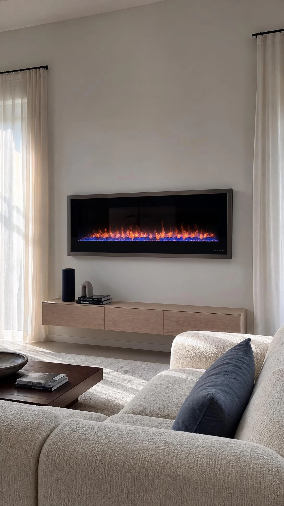Floating wall panel electric fireplace mounted flush on a cool white wall in a modern living room, creating a sleek, slim architectural focal point