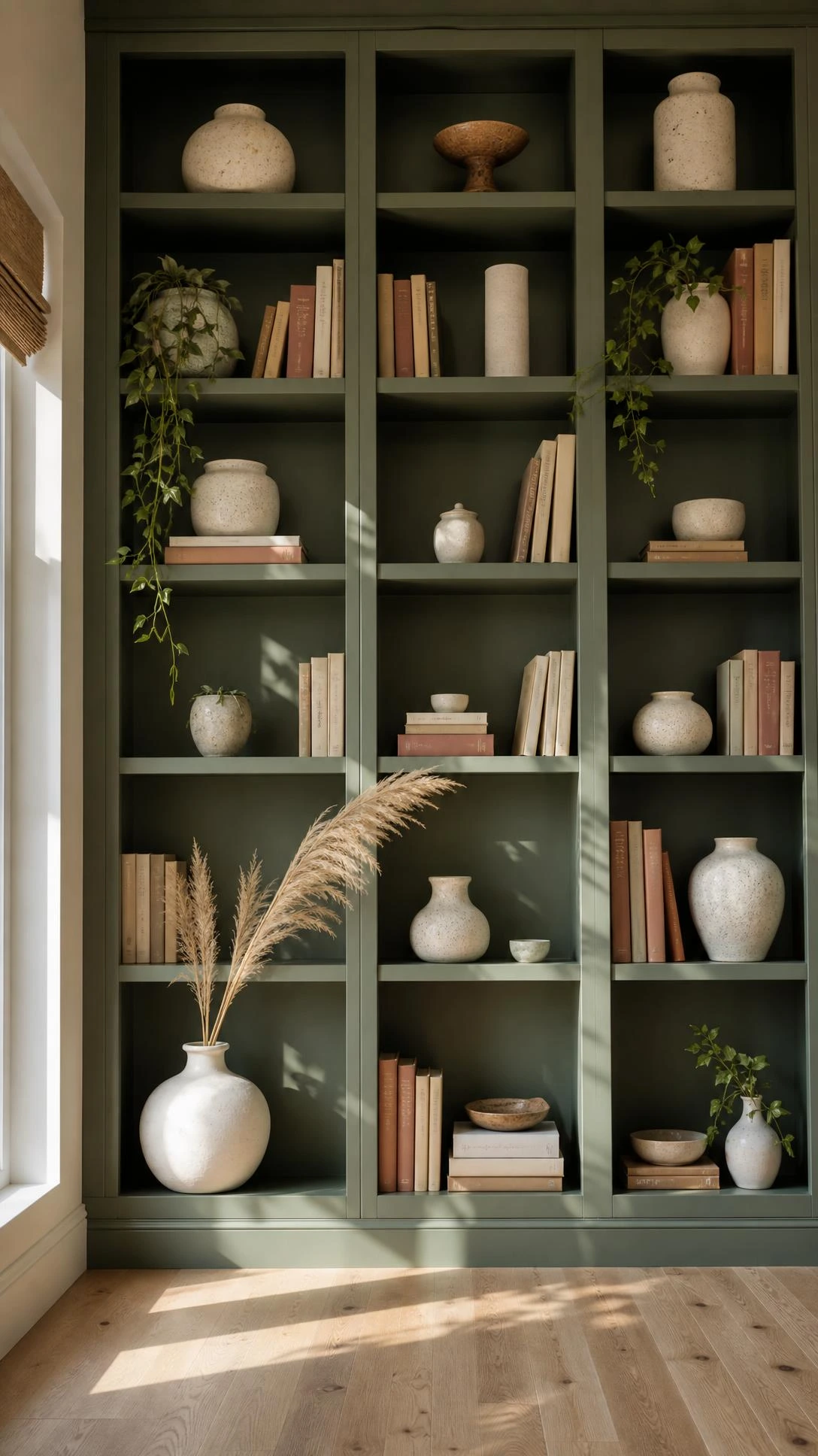 Floor-to-ceiling sage green built-in bookshelf styled with matte white and speckled stoneware ceramics, transforming a sunny living room corner into a dramatic focal point