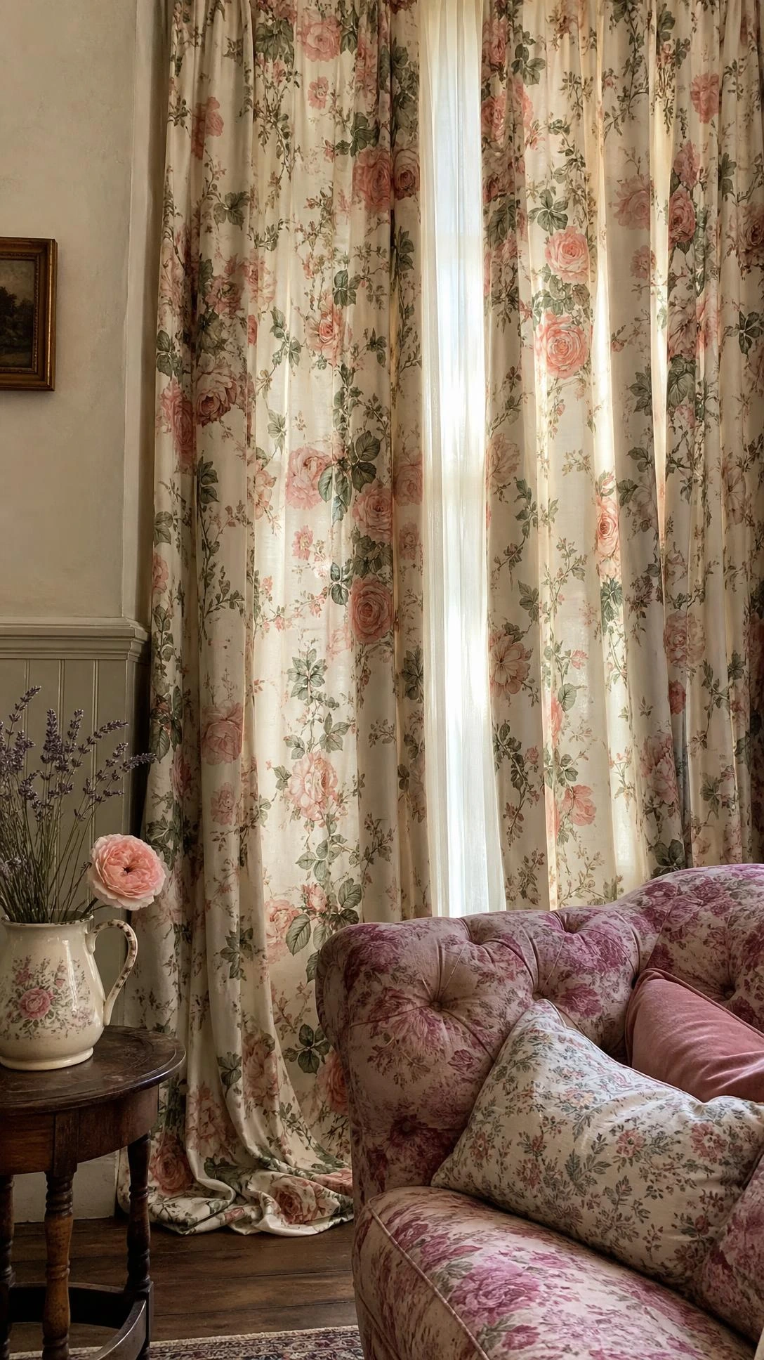 Floor-to-ceiling chintz curtains with climbing roses in dusty rose, coral, and sage anchor this English countryside living room with vintage floral drama