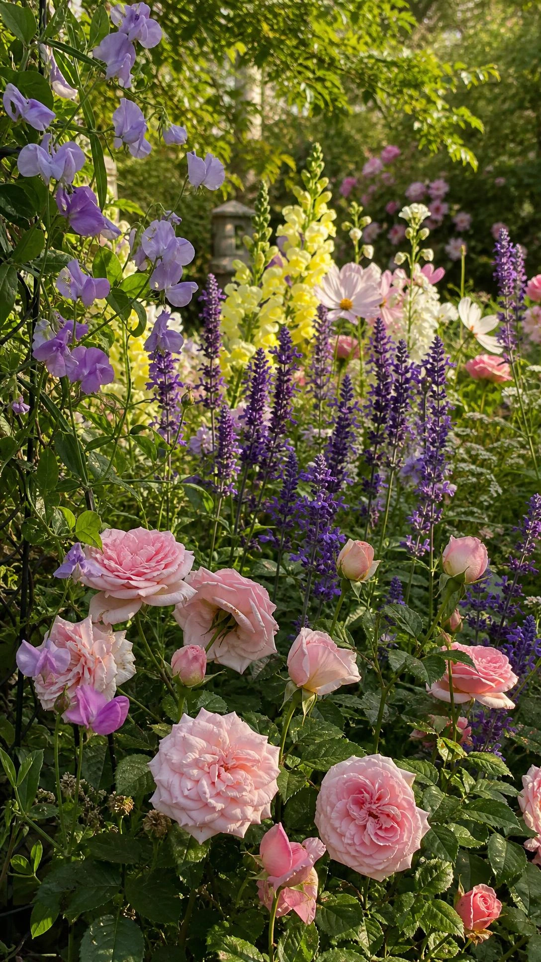 Layered flower garden color palette featuring blush pink roses, violet salvia, and pale yellow snapdragons in warm natural daylight